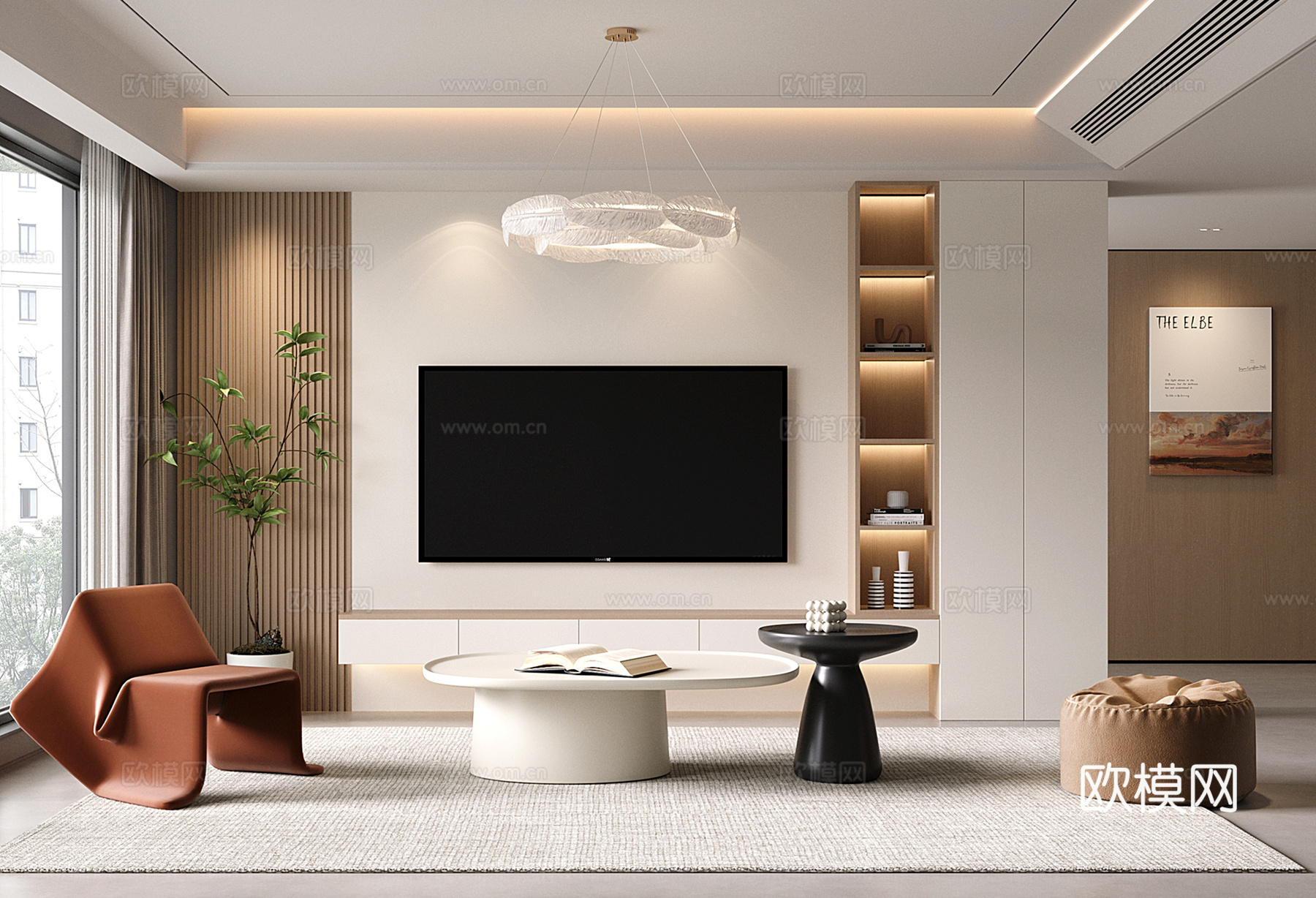 现代家居客厅 奶油电视背景柜 休闲椅 茶几3d模型