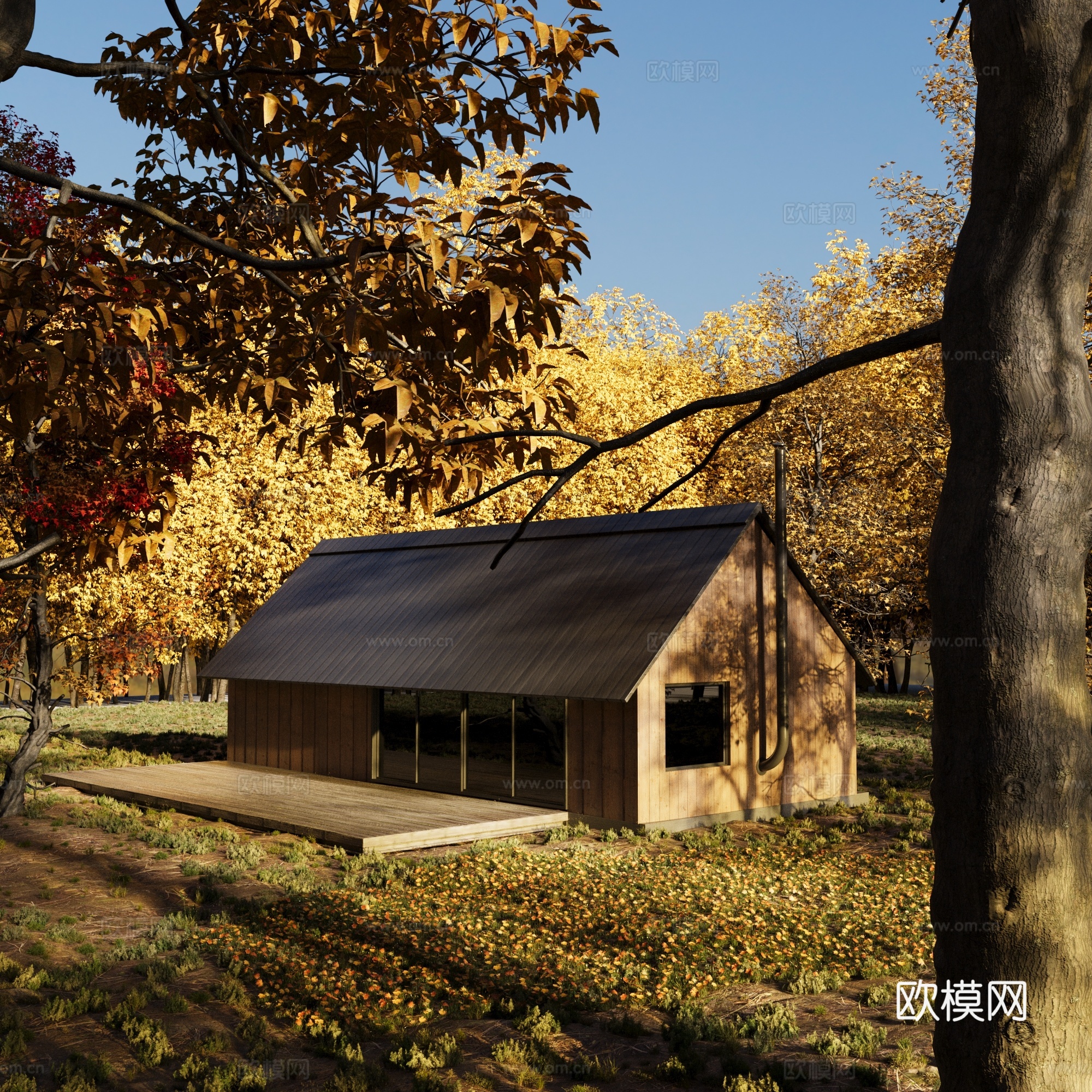 现代原始森林小木屋 自然野趣场地 建筑木屋 木头房子组合3d模型