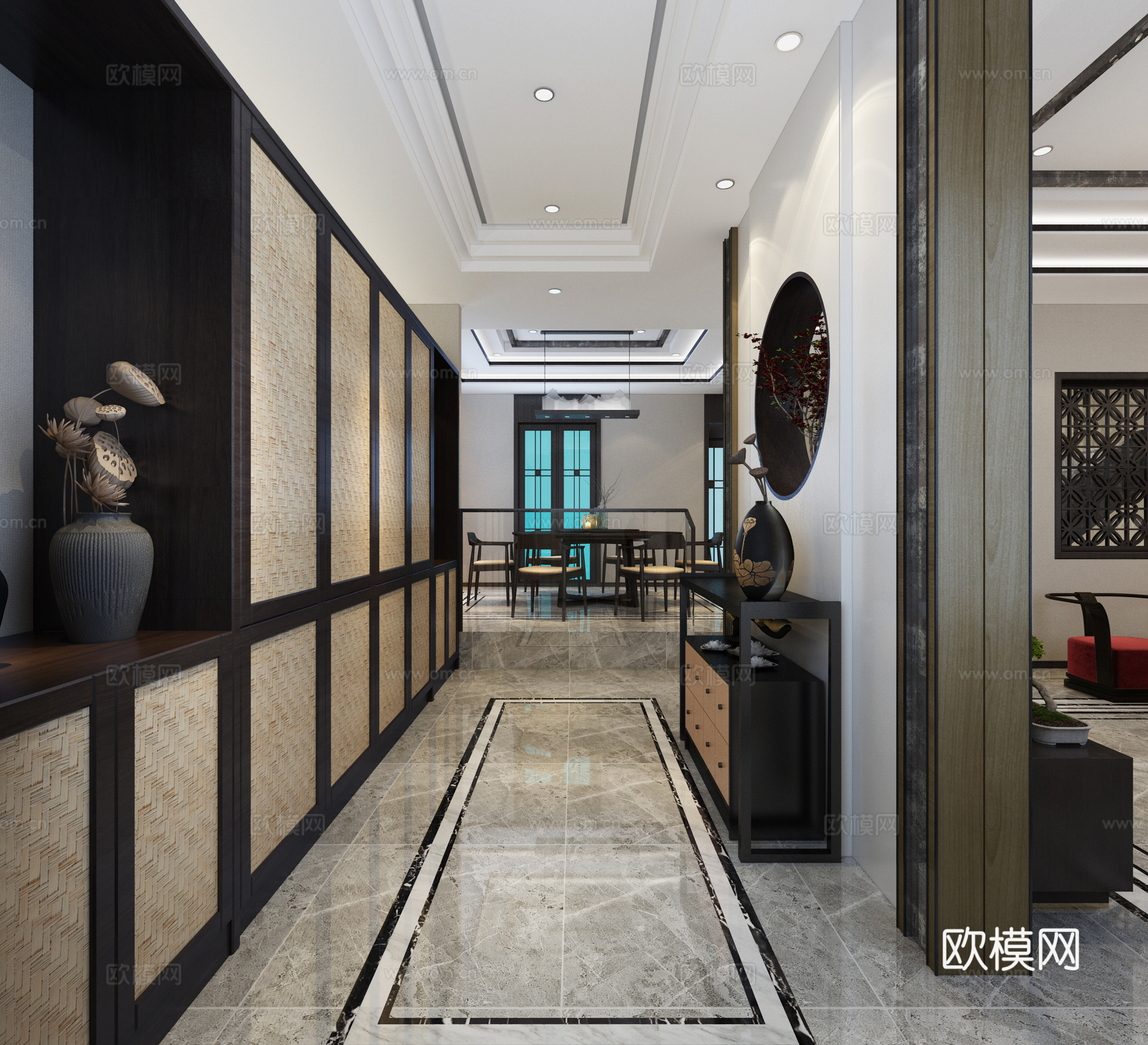 新中式别墅客厅 门厅3d模型