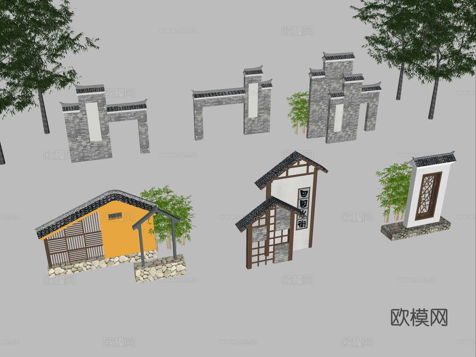 新中式景墙 精神堡垒 入口景墙构筑物su模型