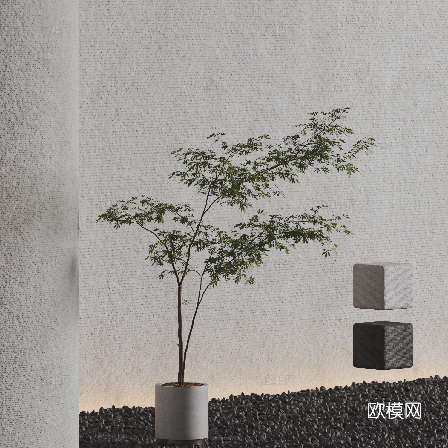 现代 新中式 拉丝混凝土墙  鹅卵石 鸡爪槭 水泥拉丝砖3d模型