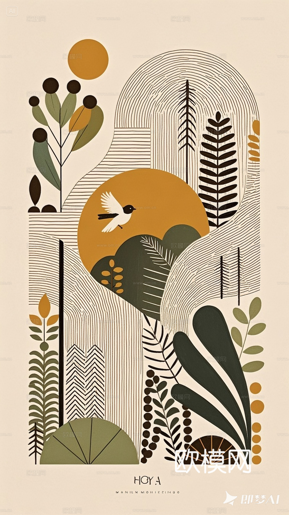简约风，落日，黄昏，自然， 植物，飞鸟，轮廓线画，线条画