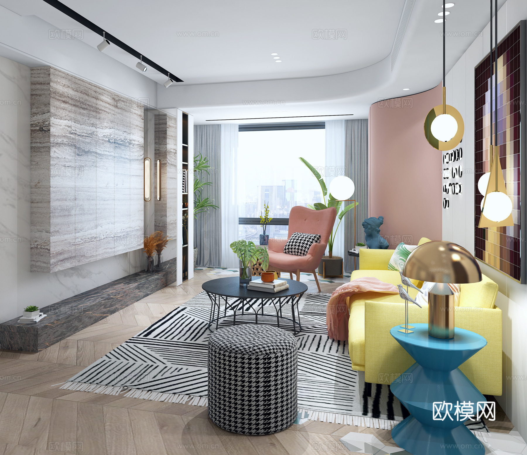 北欧客餐厅 沙发茶几 吊灯边几 吧台厨房 装饰品3d模型
