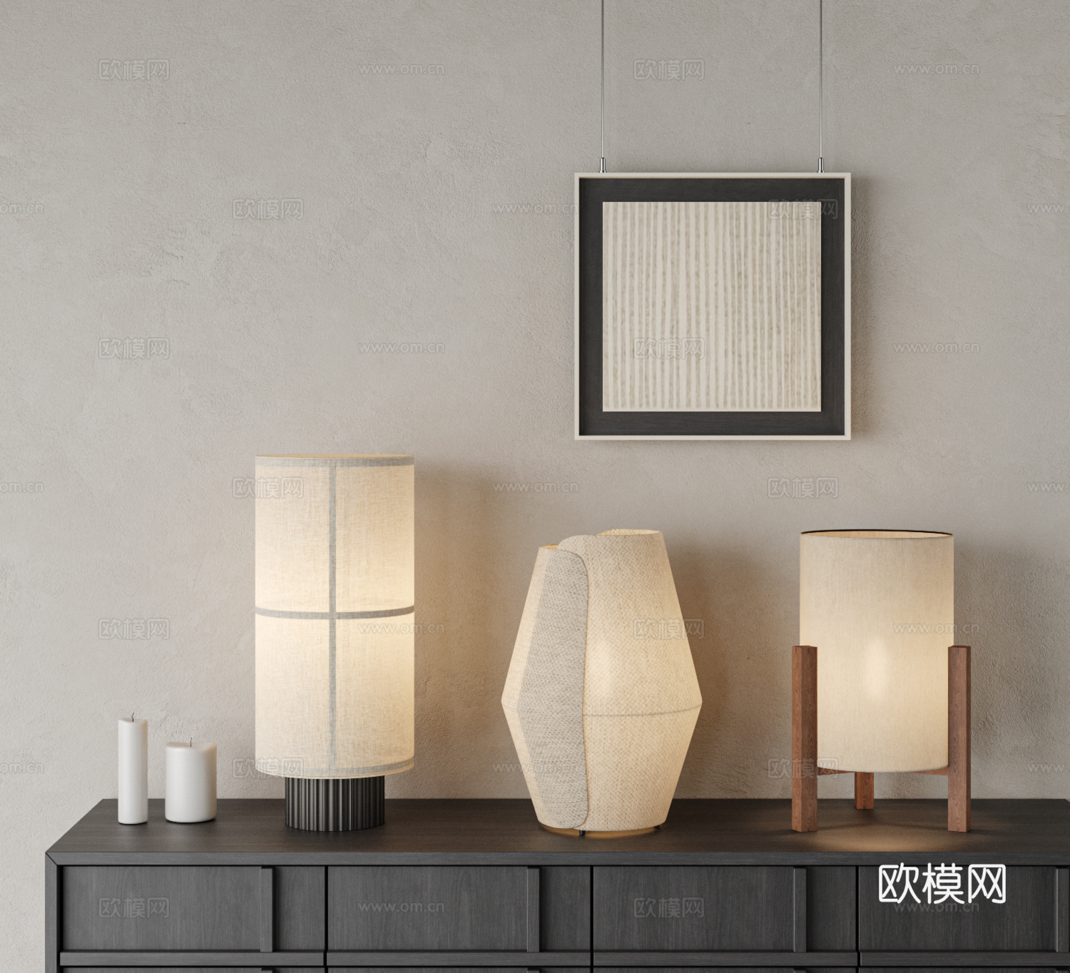 侘寂风 中古风 宋式 台灯组合 布艺台灯 挂画 蜡烛3d模型