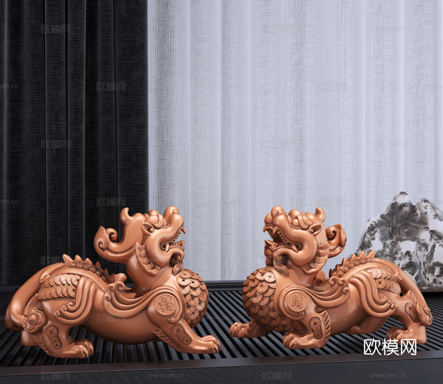 现代新中式金钱貔貅雕塑艺术摆件组合3d模型