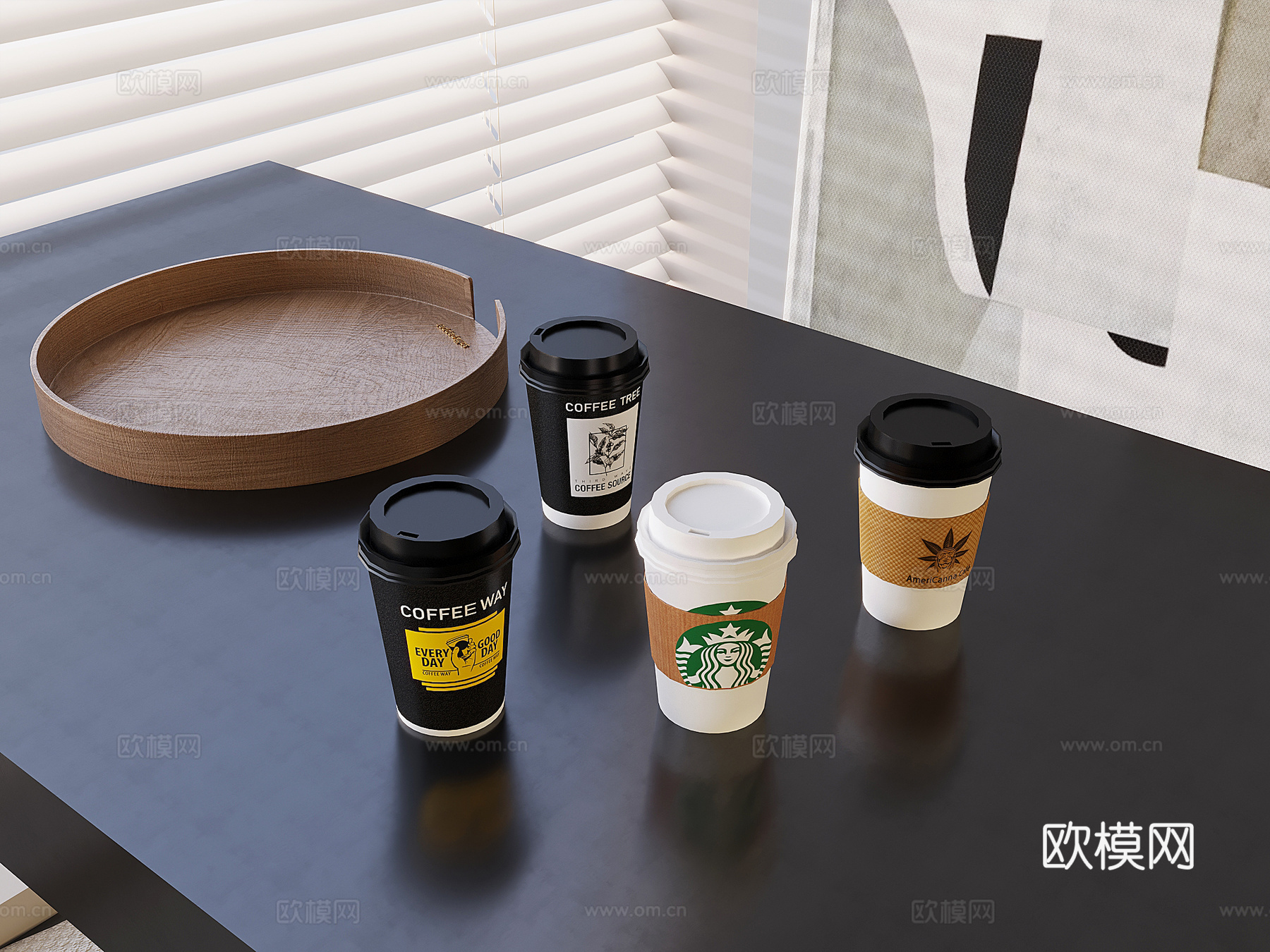 星巴克咖啡咖啡杯 中古实木圆形托盘3d模型