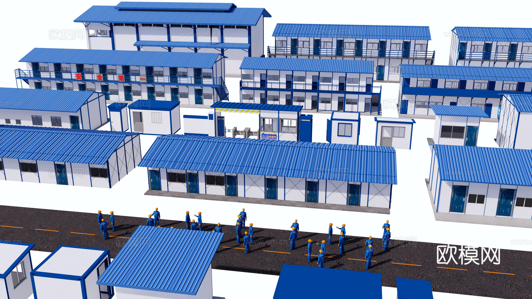 工地厂房工人 临时活动板房 集装箱建筑 施工工地房 工地门禁3d模型
