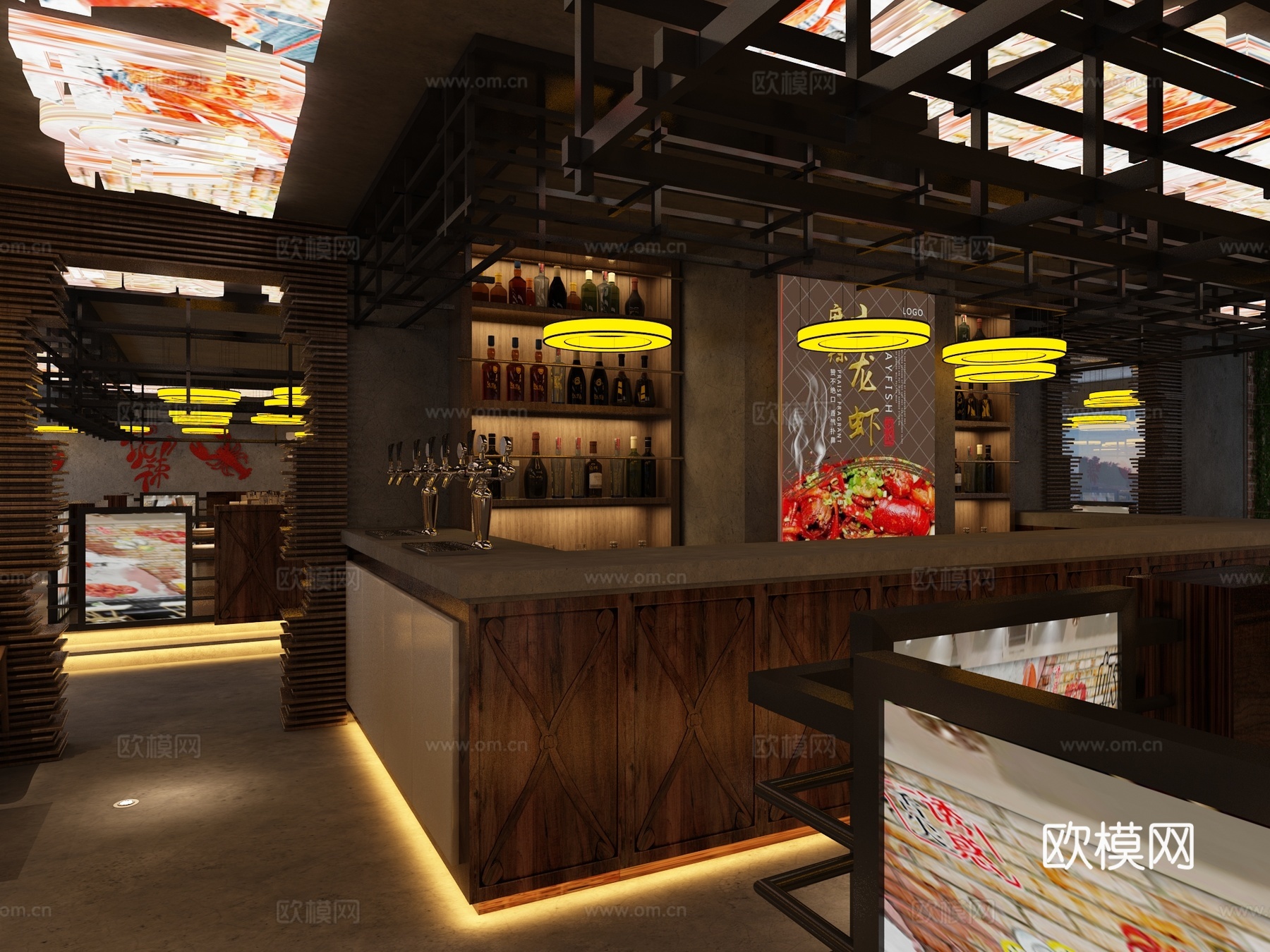 工业风现代餐厅工业餐厅 龙虾主题餐厅 火锅店 吧台 吊灯3d模型