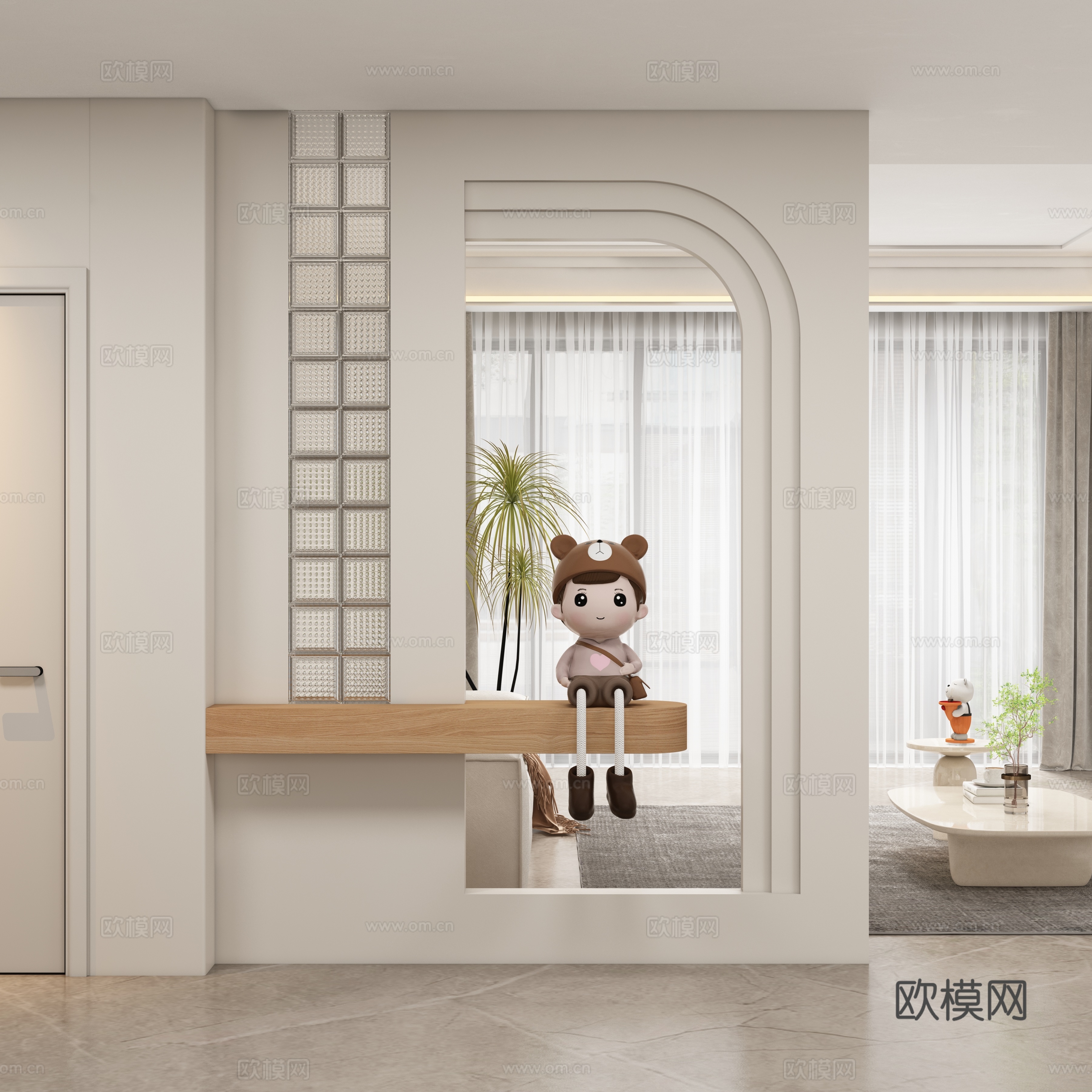 现代奶油风玄关过道 隔断su模型