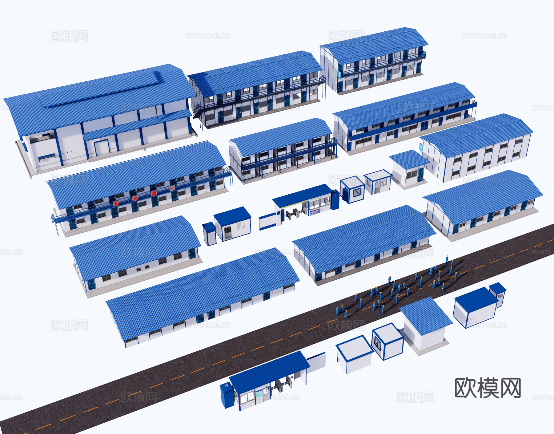 工地厂房工人 临时活动板房 集装箱建筑 施工工地房 工地门禁3d模型