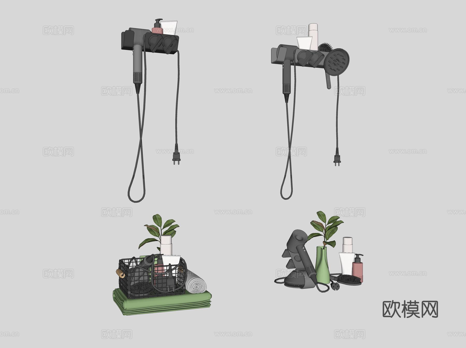 吹风机 吹风机架 毛巾 梳子 洗护用品 花瓶绿植su模型