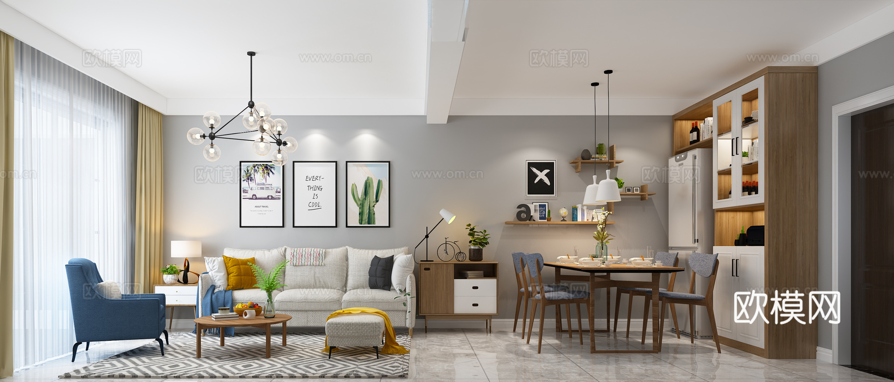 北欧 沙发 电视背景墙 置物架 挂画 酒柜3d模型
