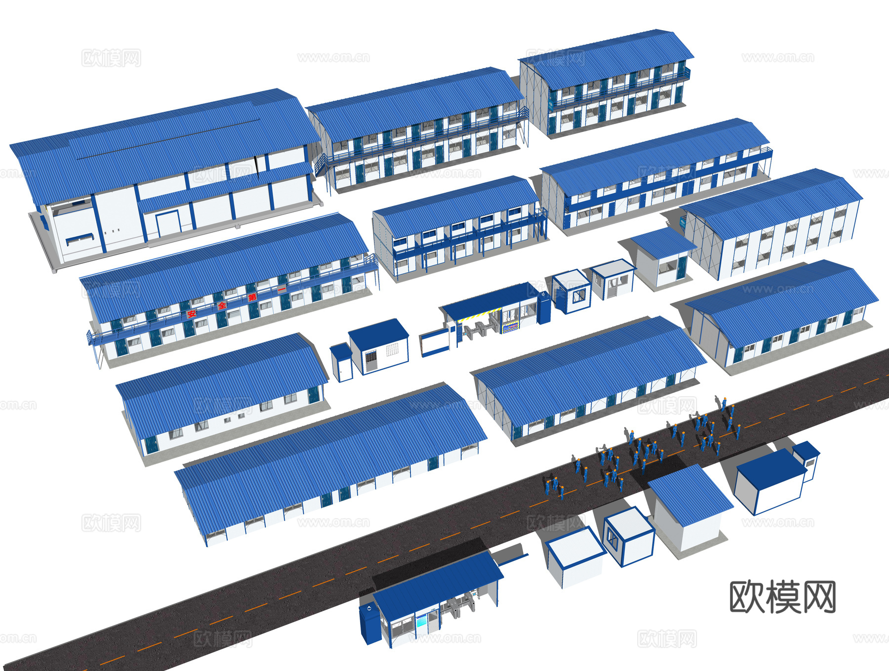 工地厂房工人 临时活动板房 集装箱建筑 施工工地房 工地门禁su模型