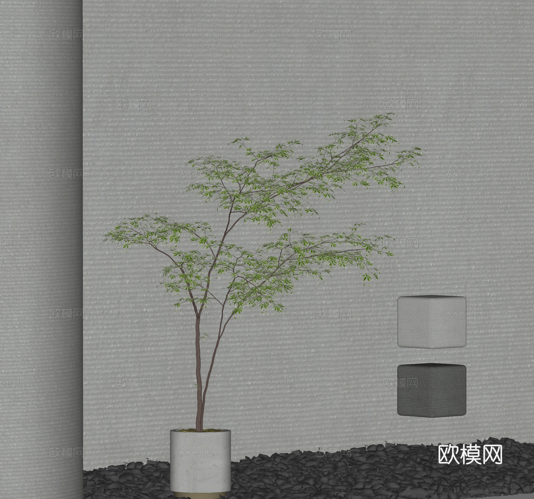 现代 新中式 拉丝混凝土墙  鹅卵石 鸡爪槭 水泥拉丝砖su模型