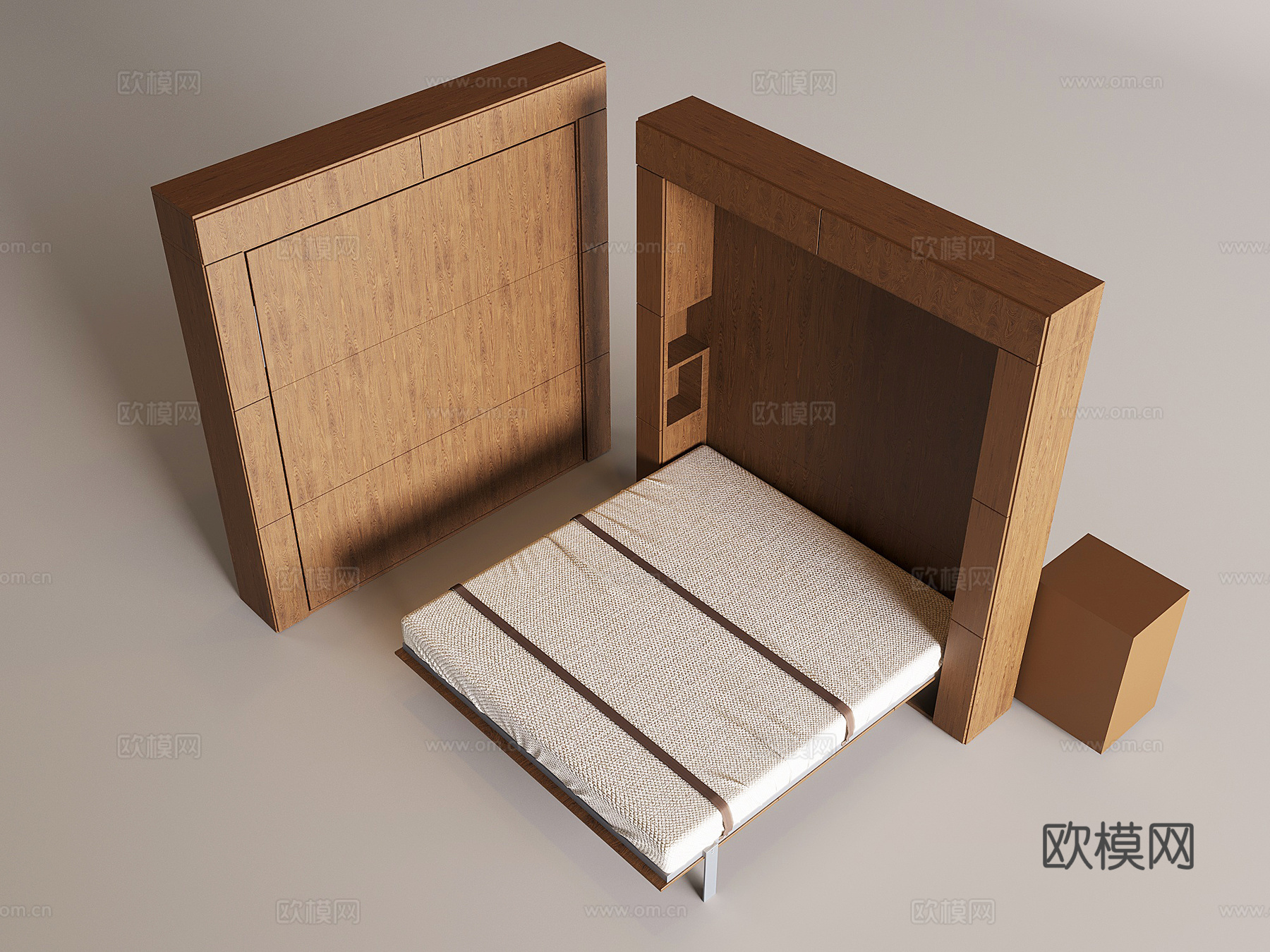 隐形床衣柜一体 折叠床墨菲侧翻床 中古风实木床3d模型