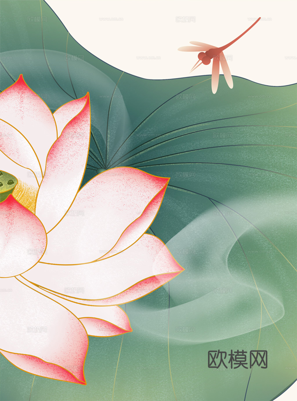 水彩画  荷花 莲花  鱼