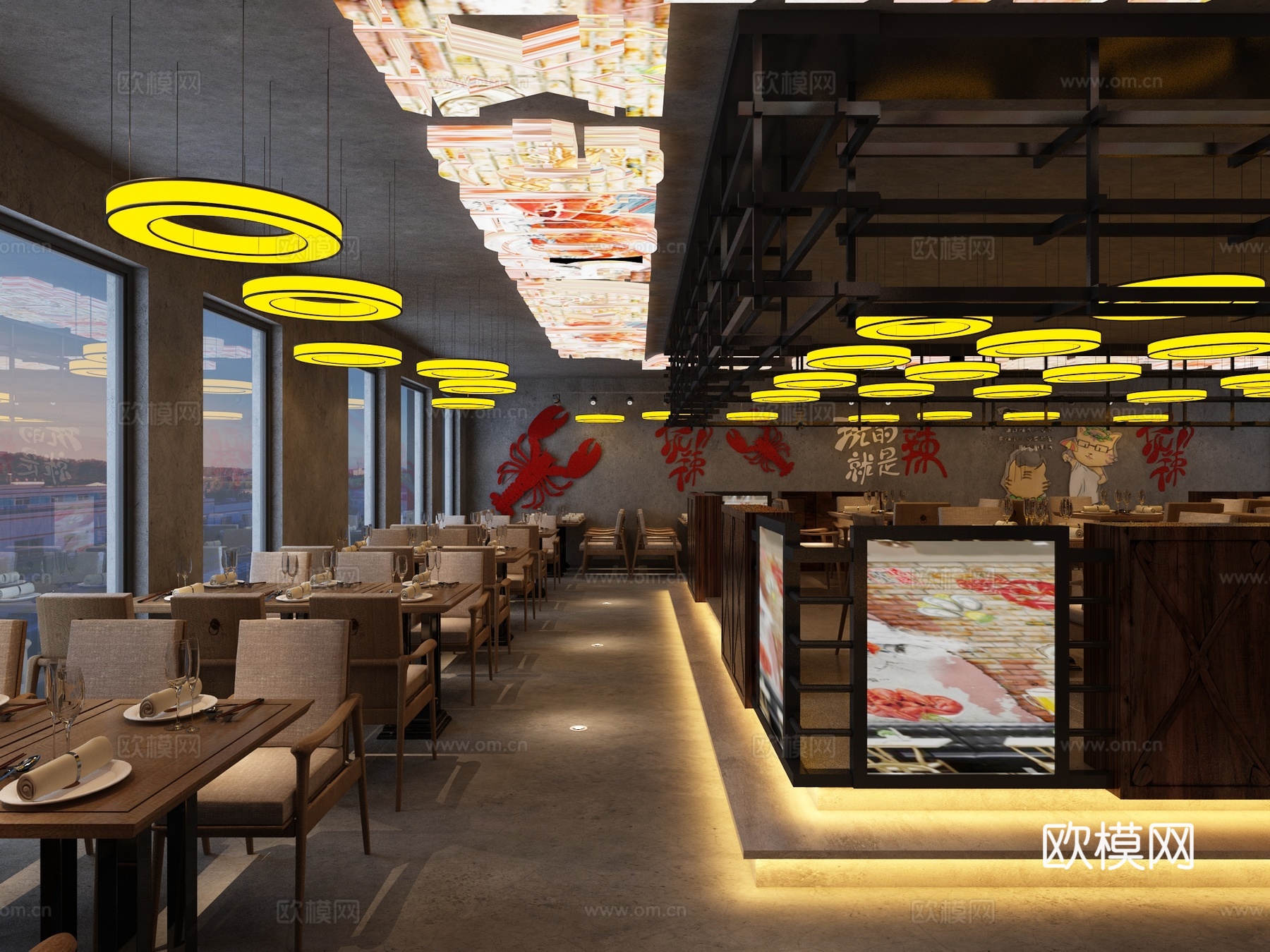 工业风现代餐厅工业餐厅 龙虾主题餐厅 火锅店 吧台 吊灯3d模型