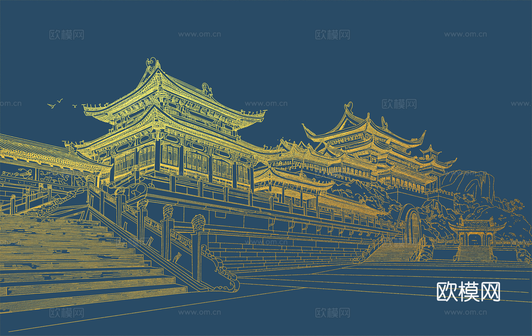 新中式亭台楼阁中式建筑线条肌理工装背景墙