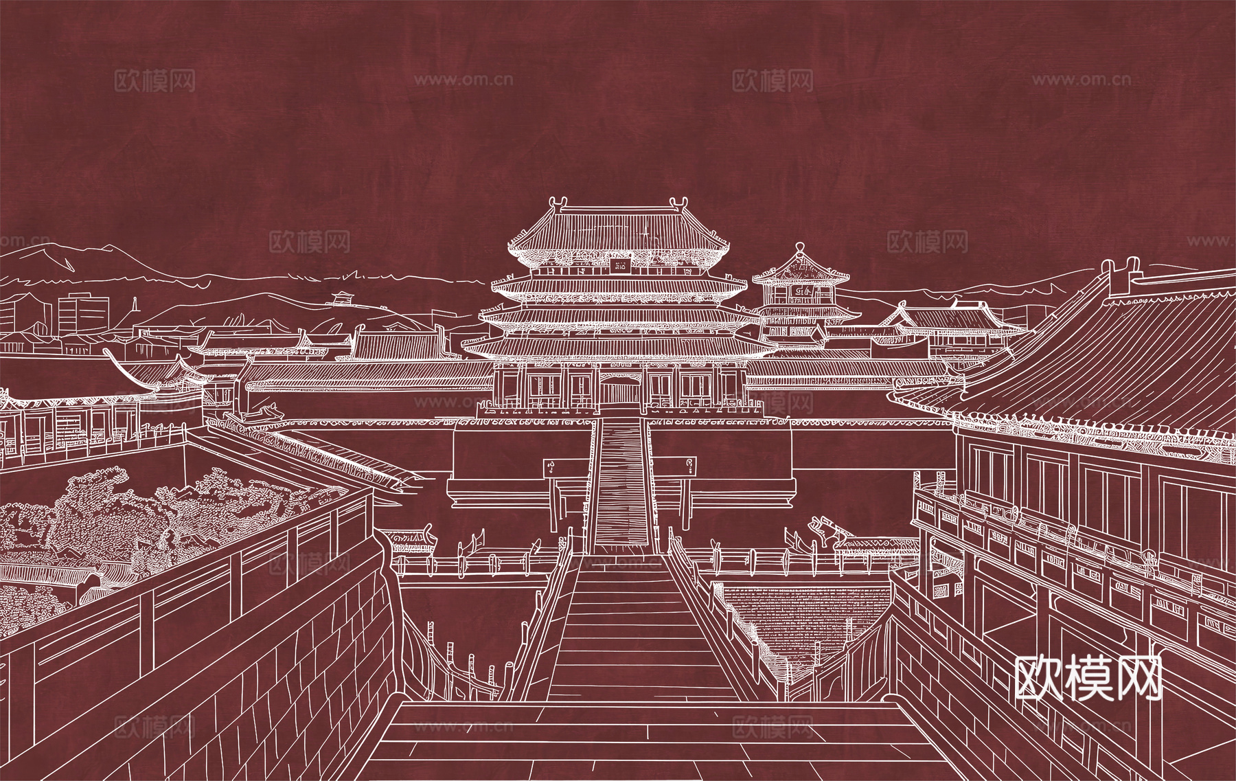 新中式亭台楼阁中式建筑线条肌理工装背景墙