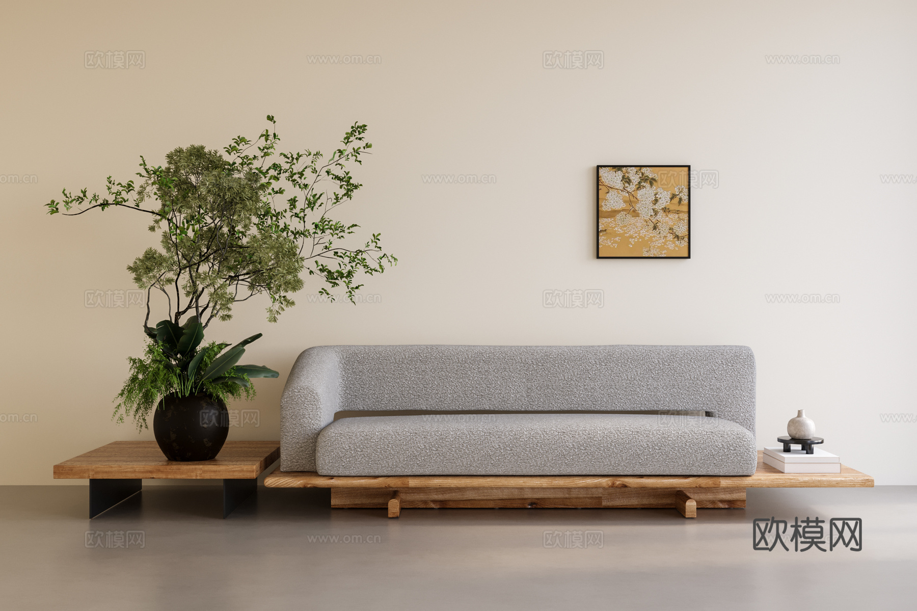 日式直排沙发 绿植盆栽 挂画su模型