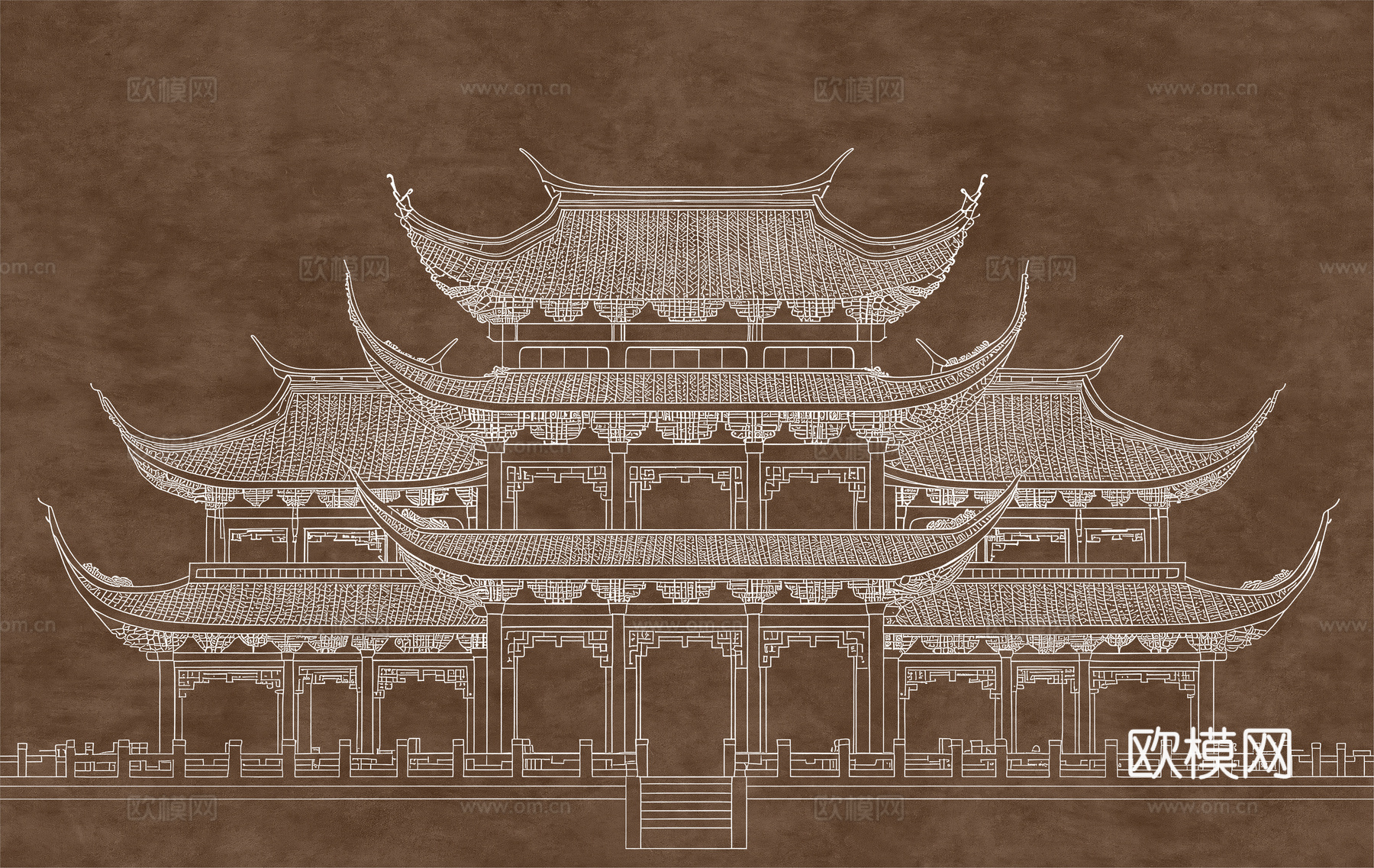 新中式亭台楼阁中式建筑线条肌理工装背景墙