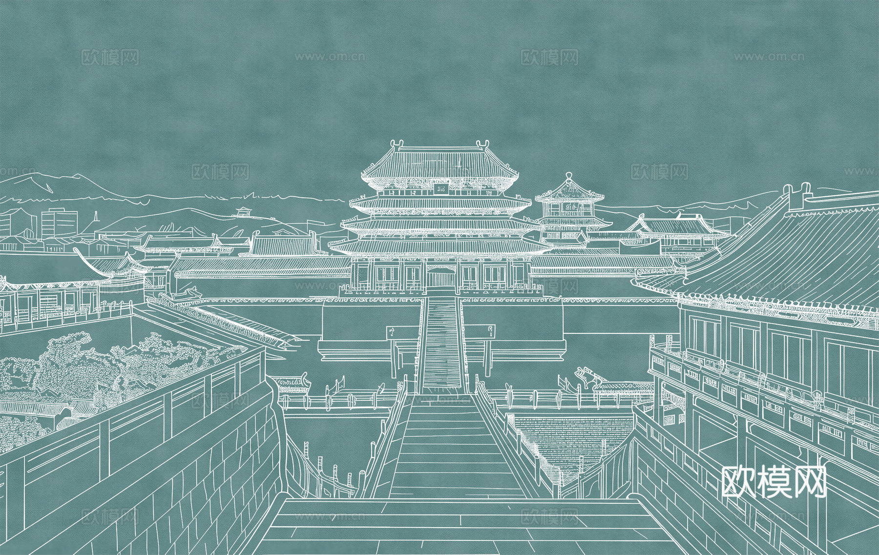 新中式亭台楼阁中式建筑线条肌理工装背景墙