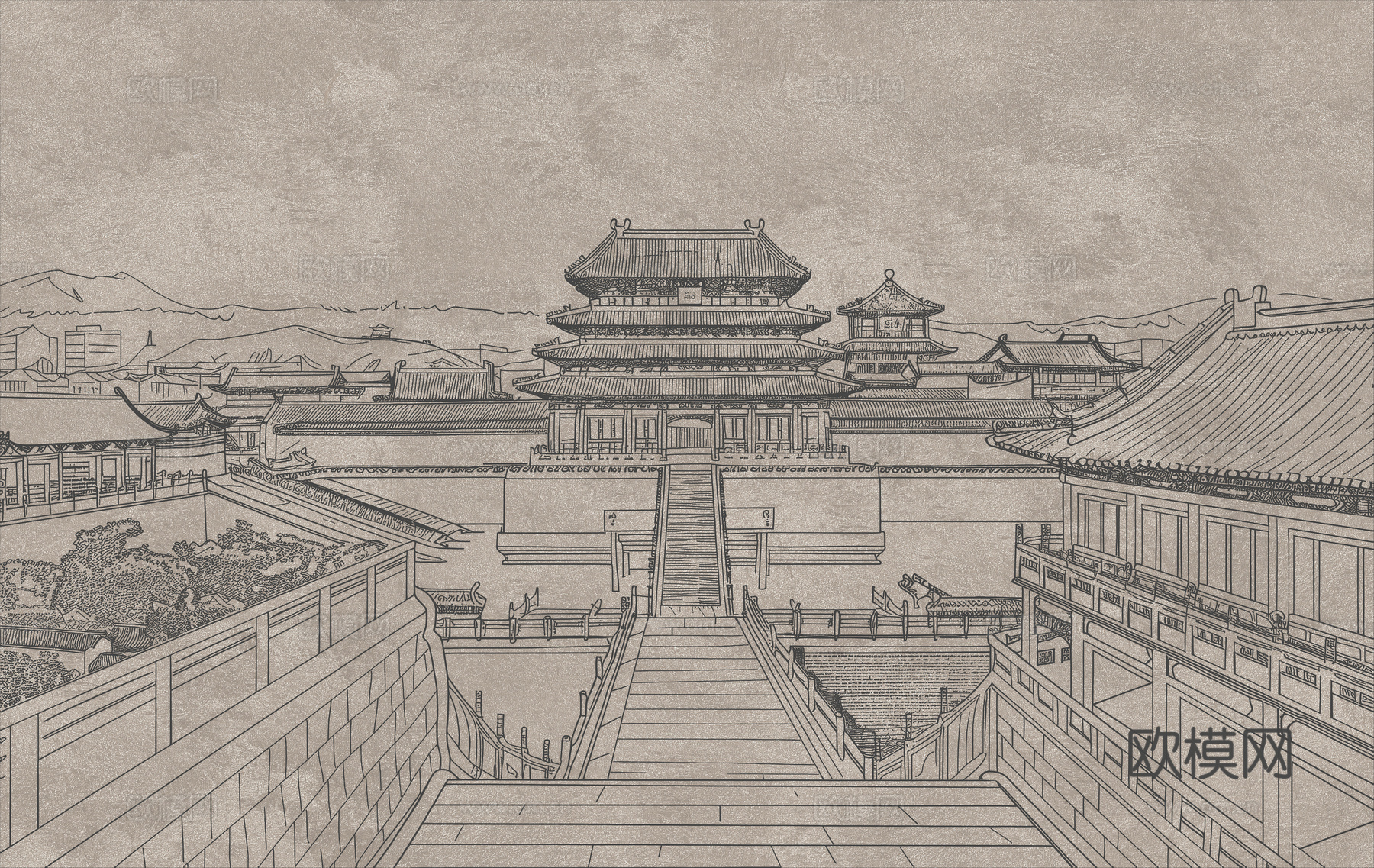 新中式亭台楼阁中式建筑线条肌理工装背景墙
