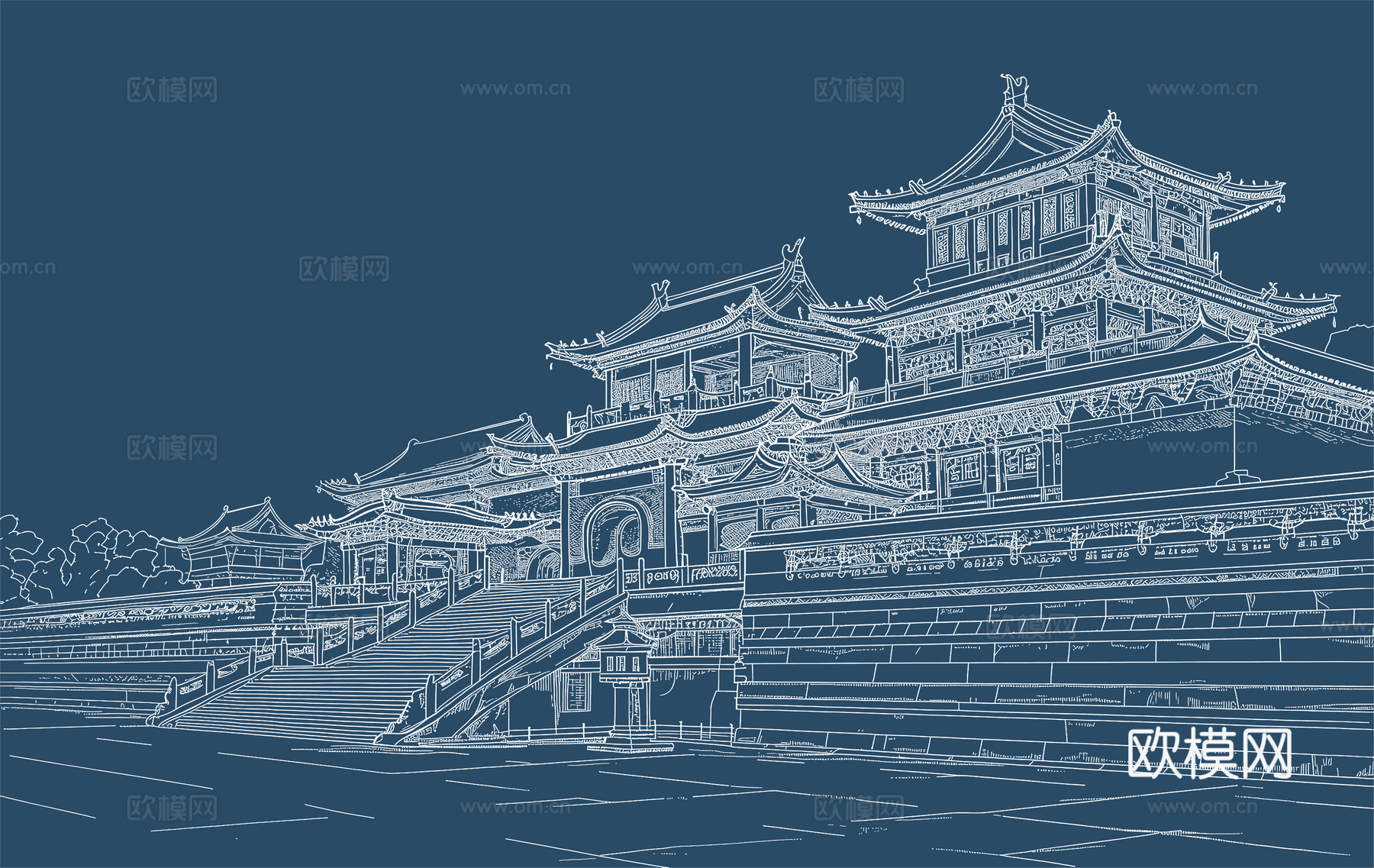 新中式亭台楼阁中式建筑线条肌理工装背景墙