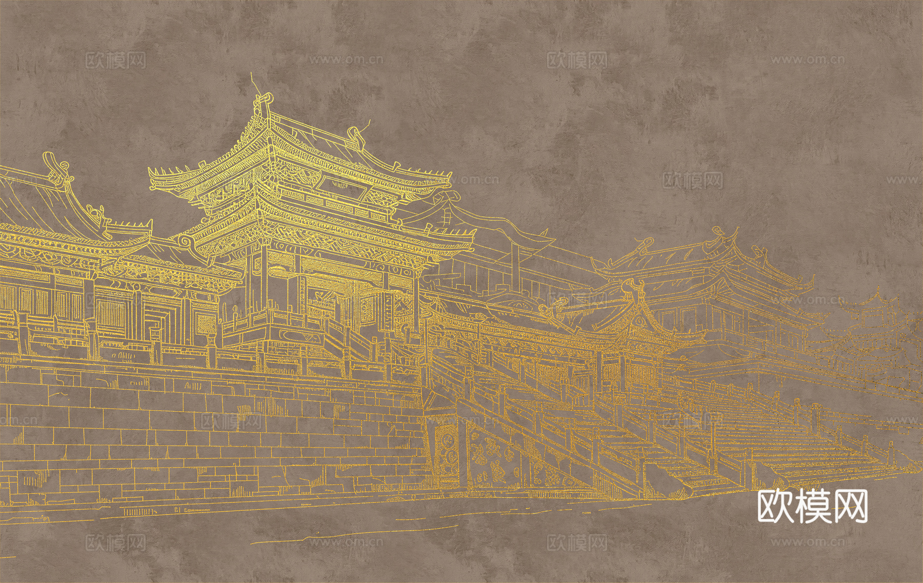 新中式亭台楼阁中式建筑线条肌理工装背景墙