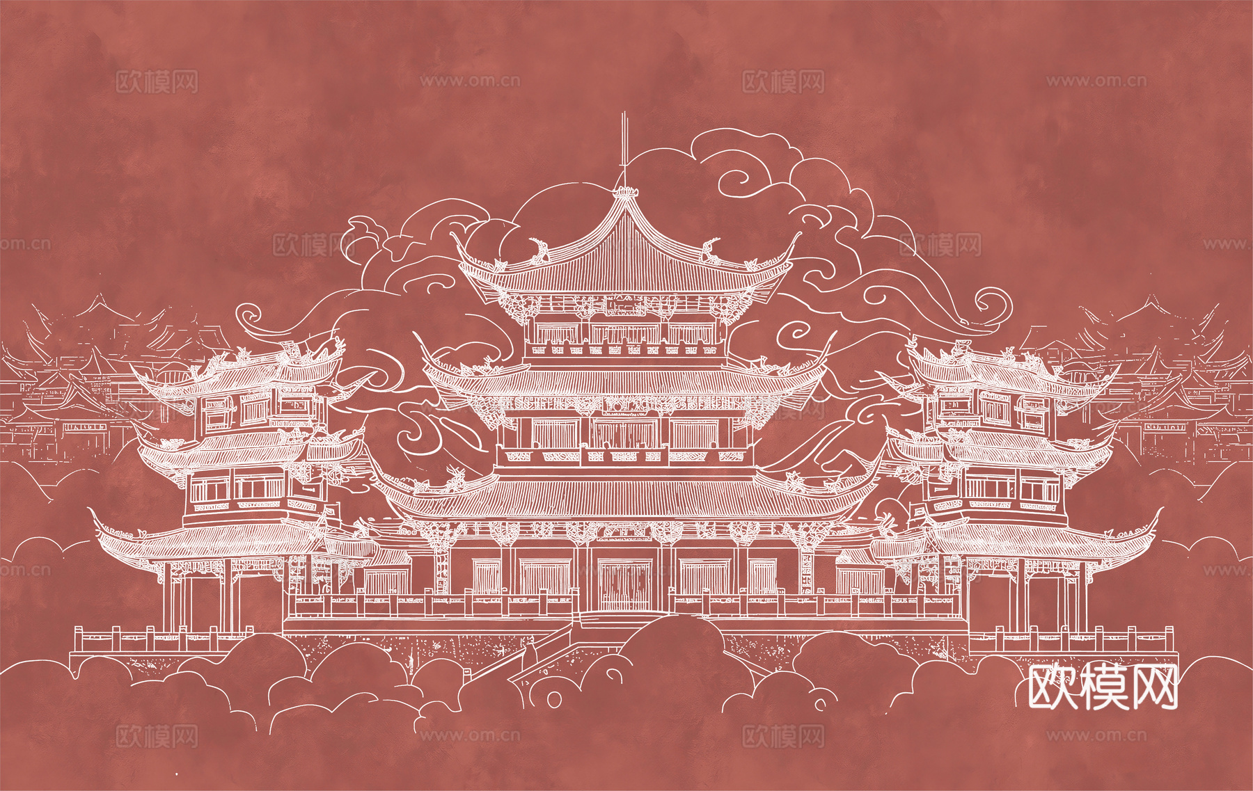 新中式亭台楼阁中式建筑线条肌理工装背景墙