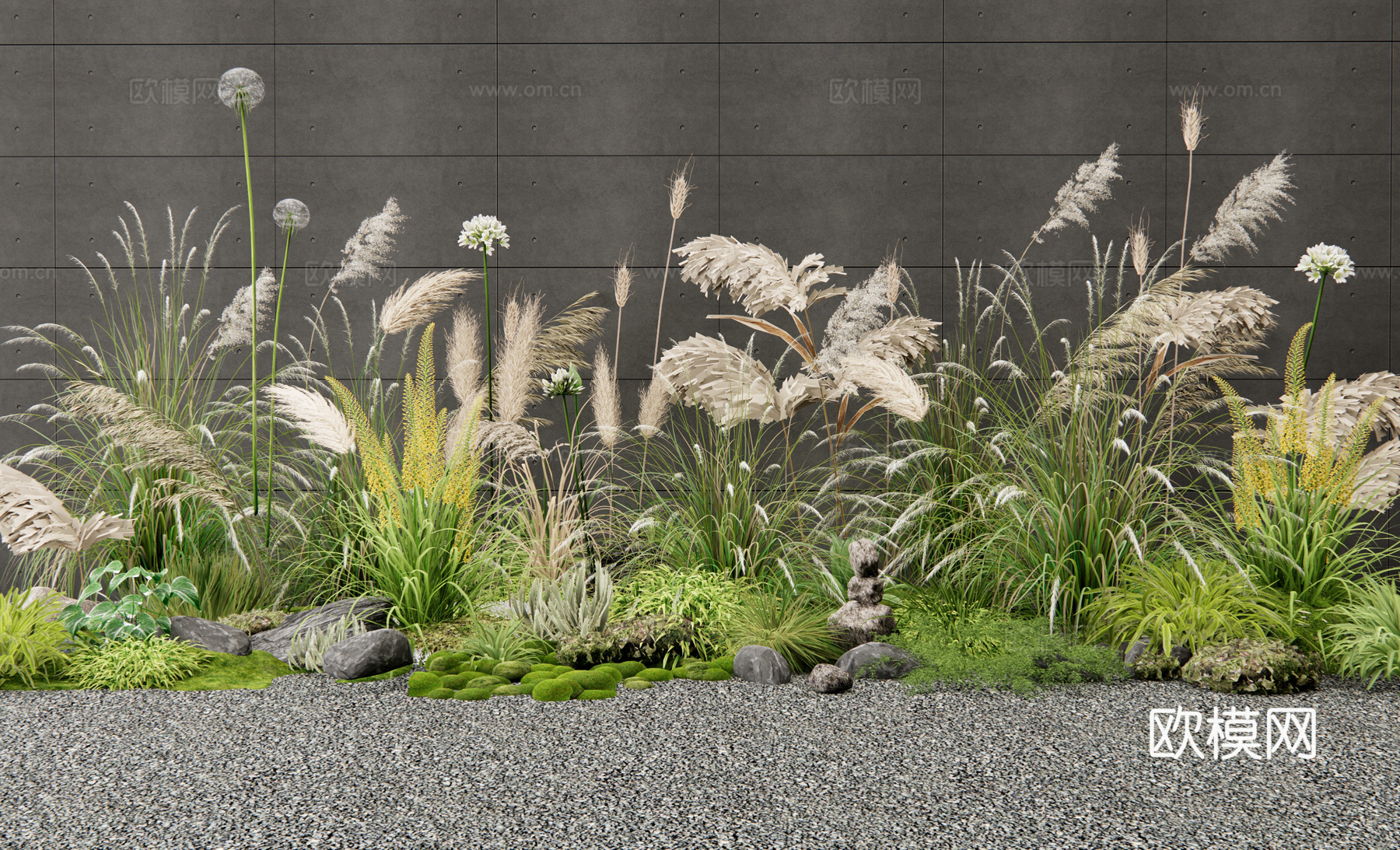 现代植物组合 花境 花草 芦苇 植物堆 绿植美陈 狼尾草3d模型