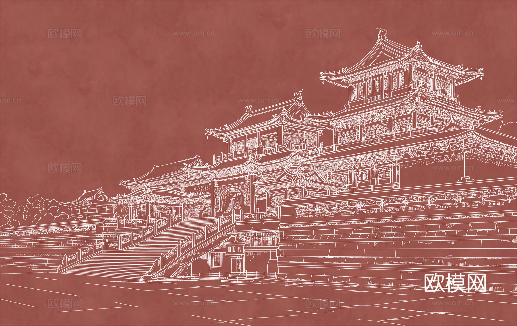 新中式亭台楼阁中式建筑线条肌理工装背景墙