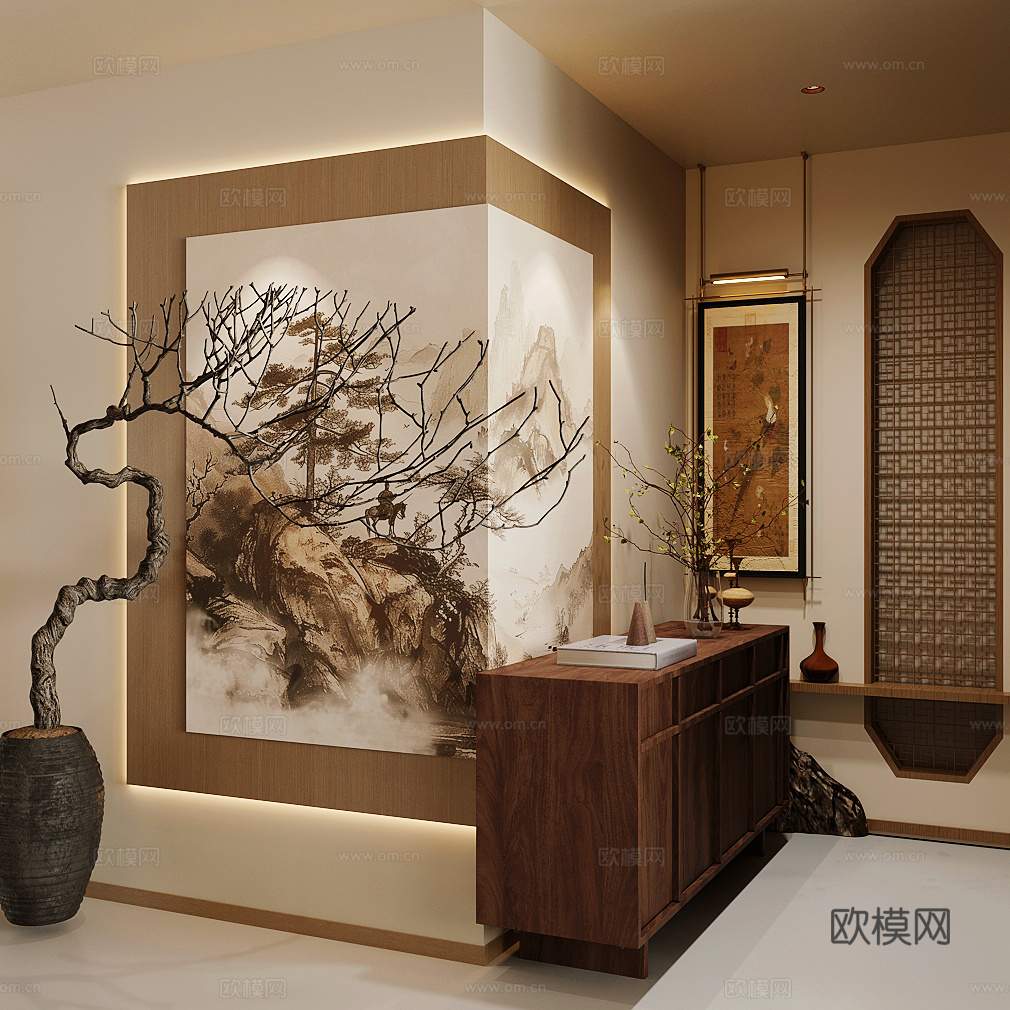新中式禅意玄关 入户玄关 宋式玄关 玄关摆件 玄关柜端景柜3d模型