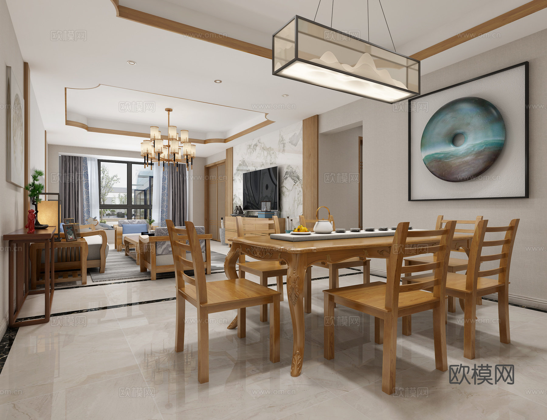 新中式客餐厅 吊灯 单双人沙发 茶几 台灯 背景墙 装饰3d模型