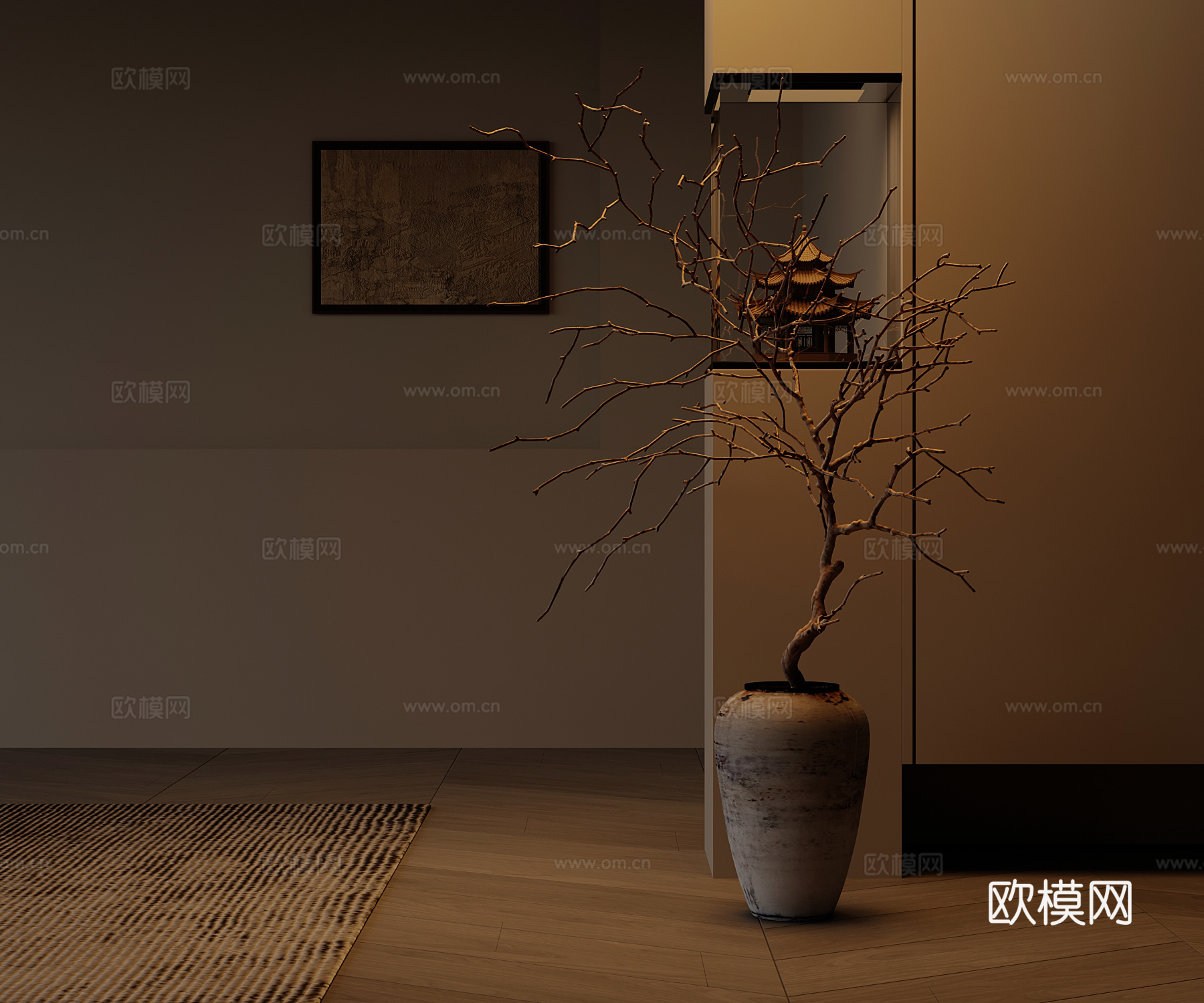 新中式花瓶 盆栽 枯枝摆件3d模型
