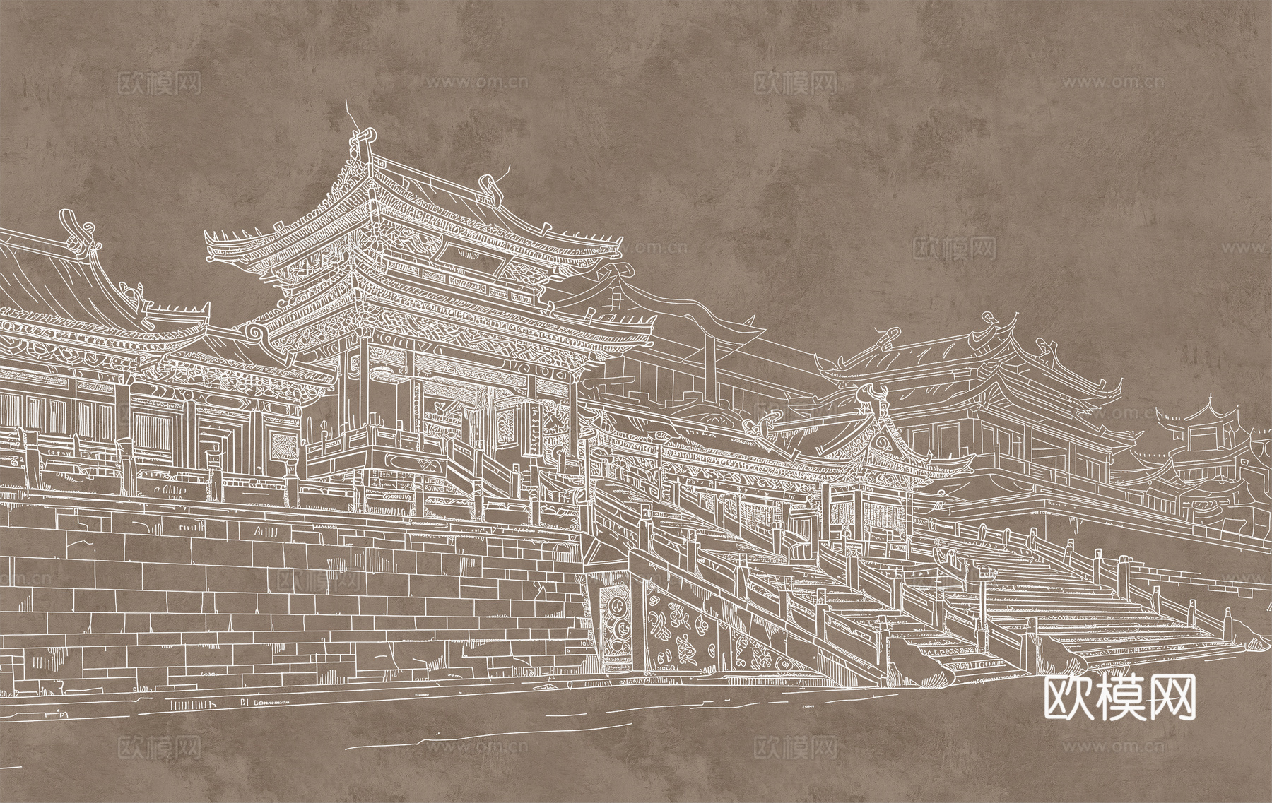 新中式亭台楼阁中式建筑线条肌理工装背景墙