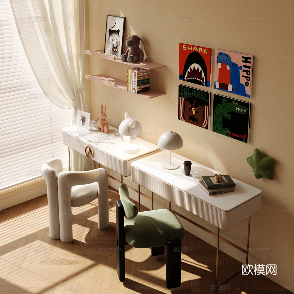 现代儿童桌椅 书桌椅组合su模型