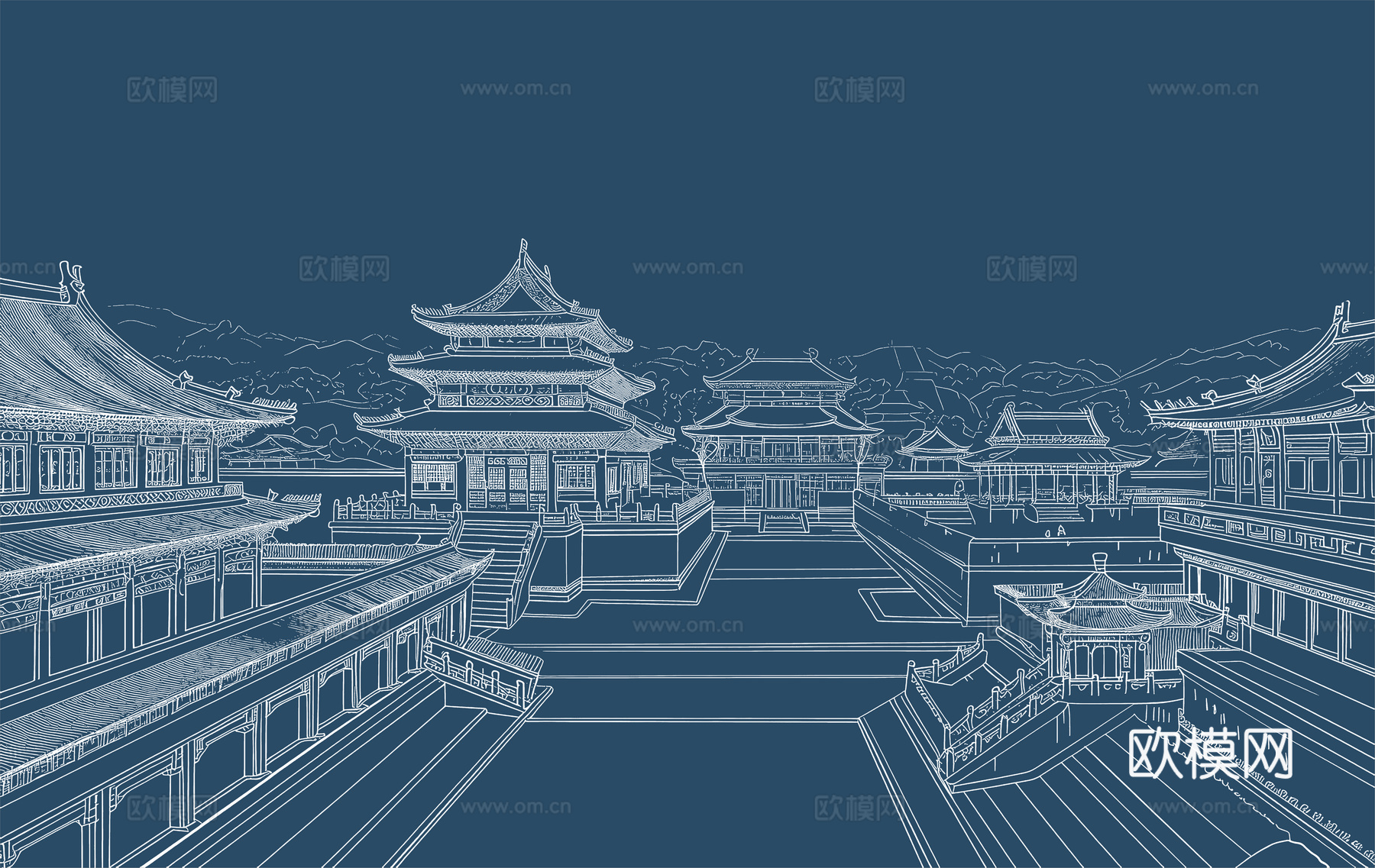 新中式亭台楼阁中式建筑线条肌理工装背景墙下载（渲染图3）