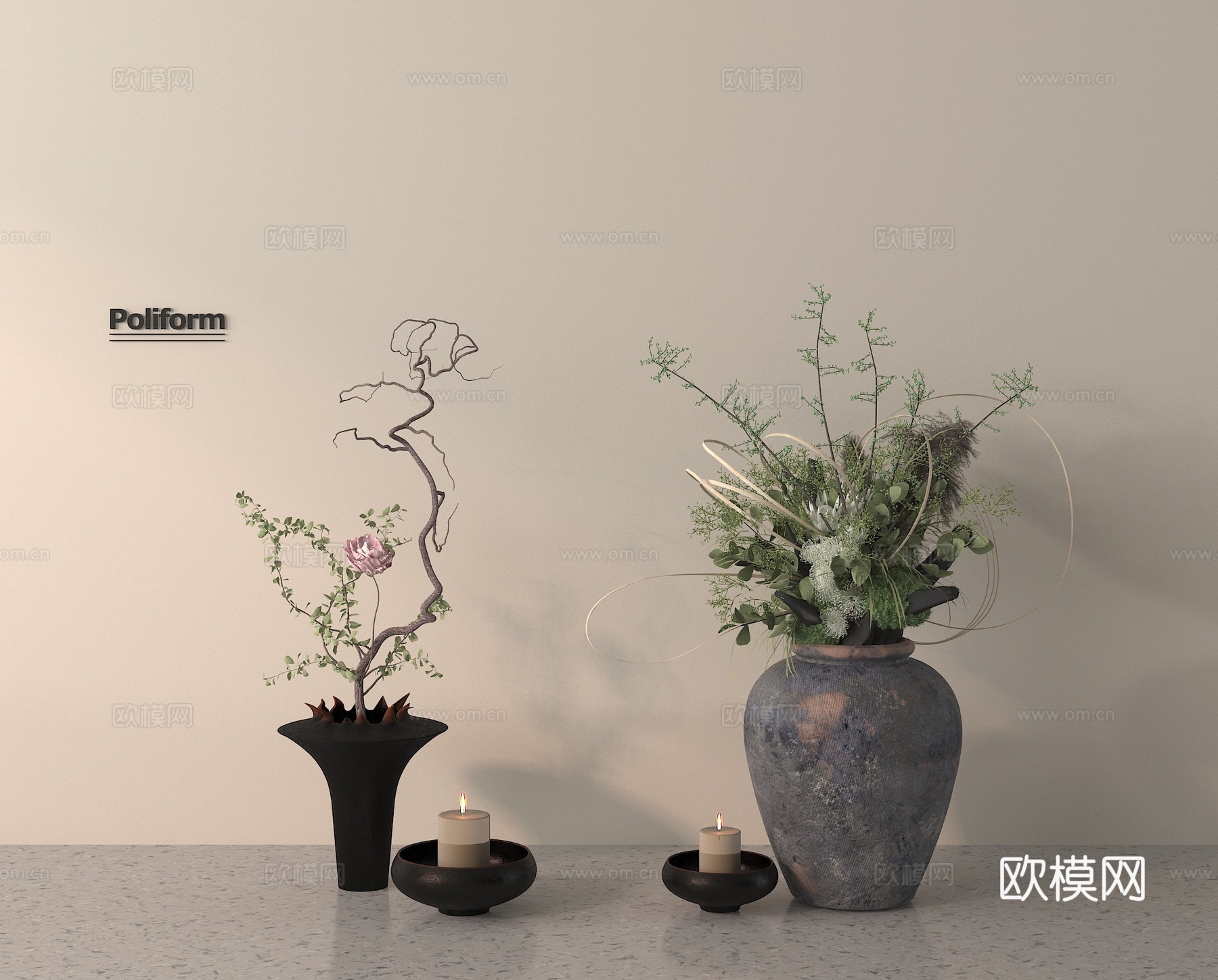 花艺 花瓶 干枝花艺 陶罐花瓶su模型