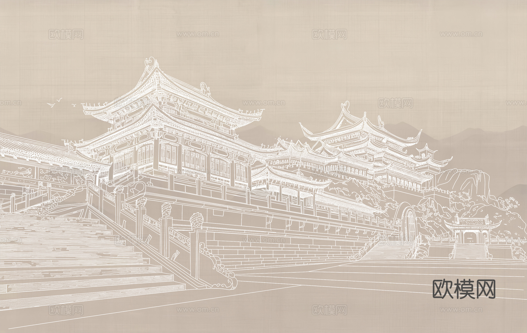 新中式亭台楼阁中式建筑线条肌理工装背景墙