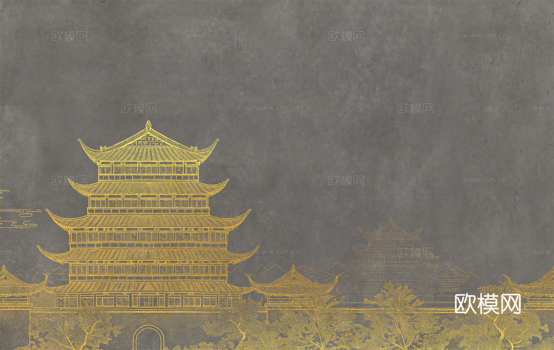 新中式亭台楼阁中式建筑线条肌理工装背景墙