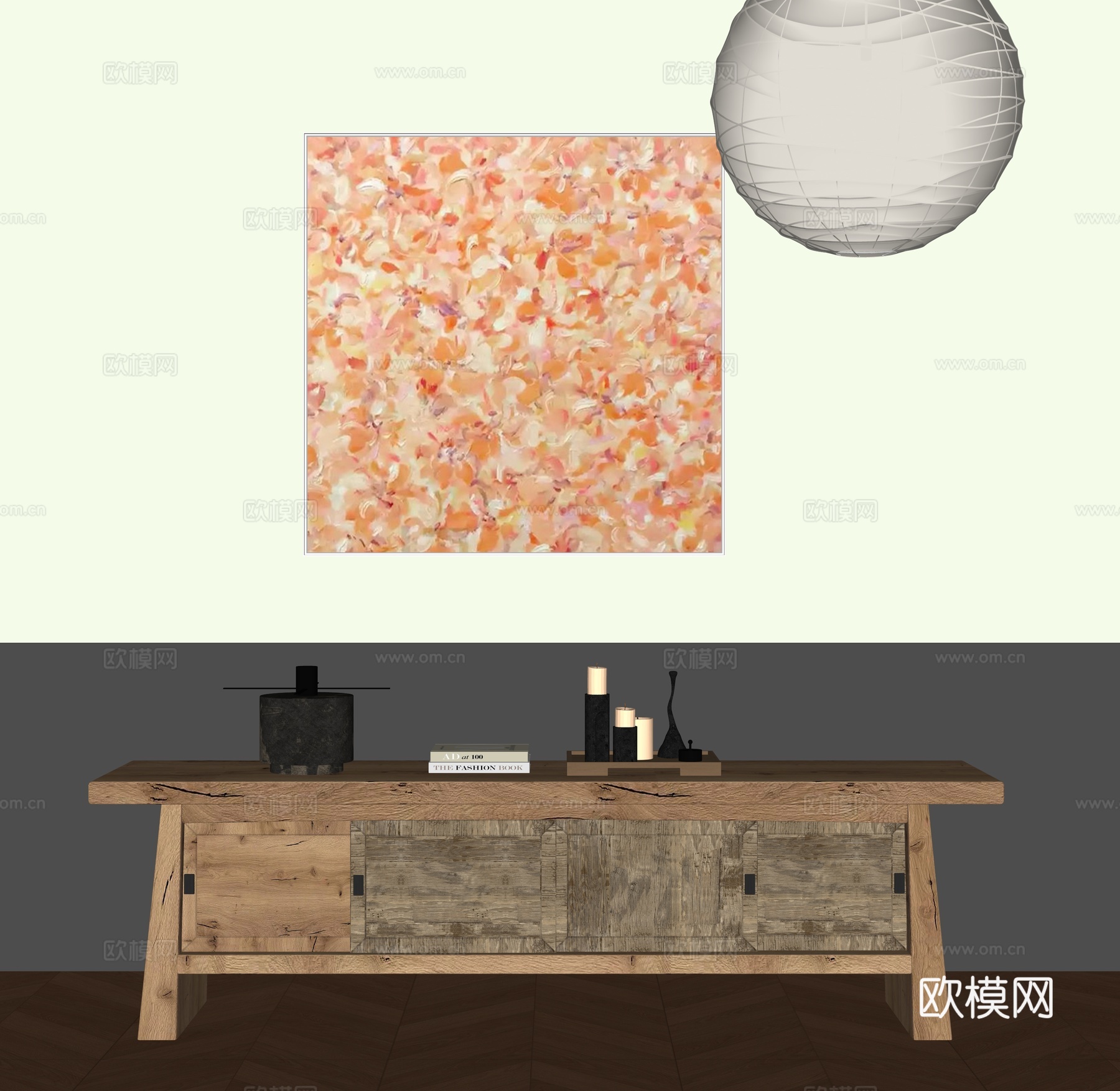 侘寂风置物柜 装饰挂画 台灯 吊灯su模型