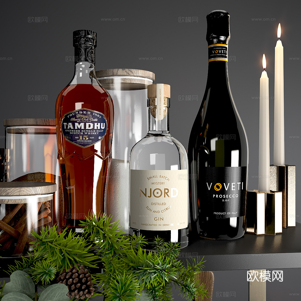 现代意式酒瓶 红酒 酒杯 厨房器具3d模型