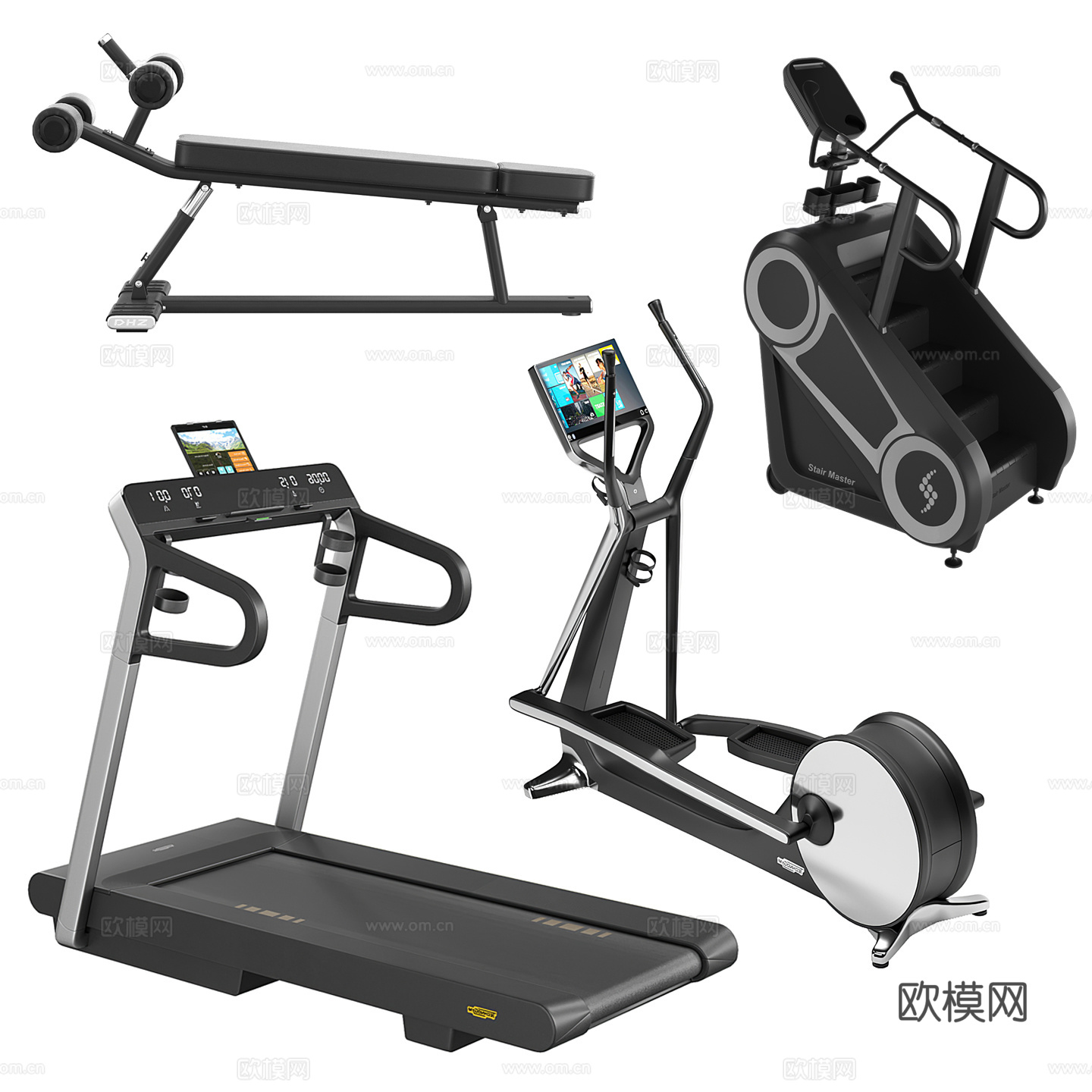 现代健身器材组合 跑步机 椭圆机 爬楼机 腹肌板su模型