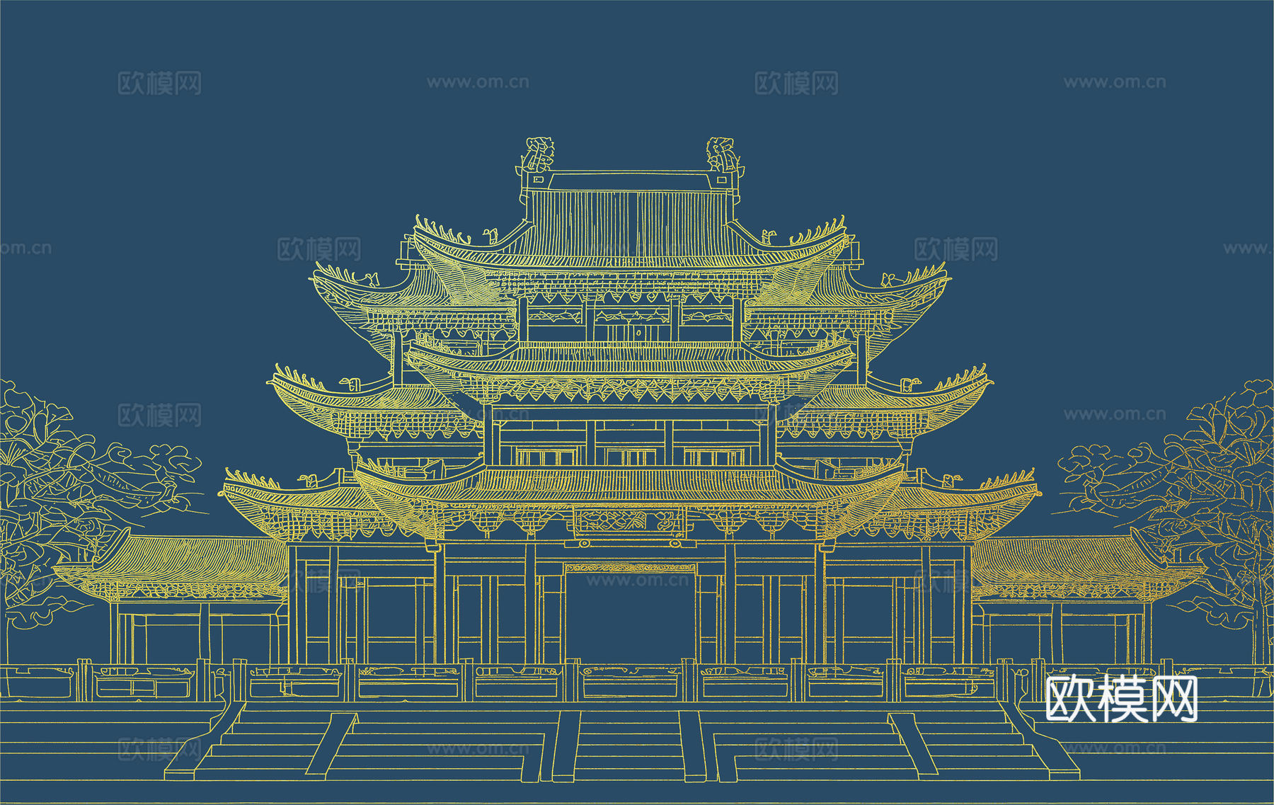 新中式亭台楼阁中式建筑线条肌理工装背景墙下载（渲染图5）
