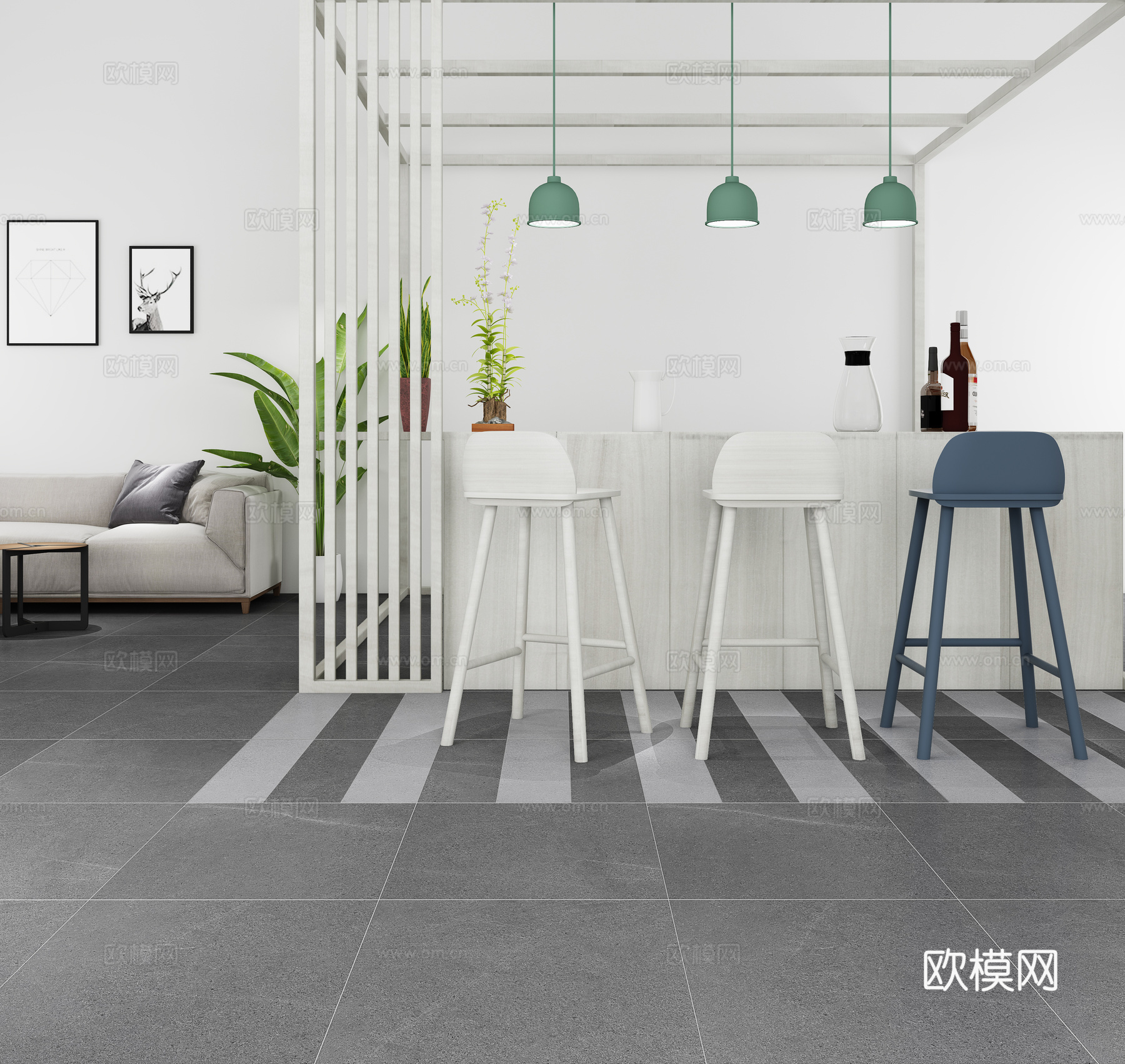 北欧风格吧台吧椅 吊灯3d模型