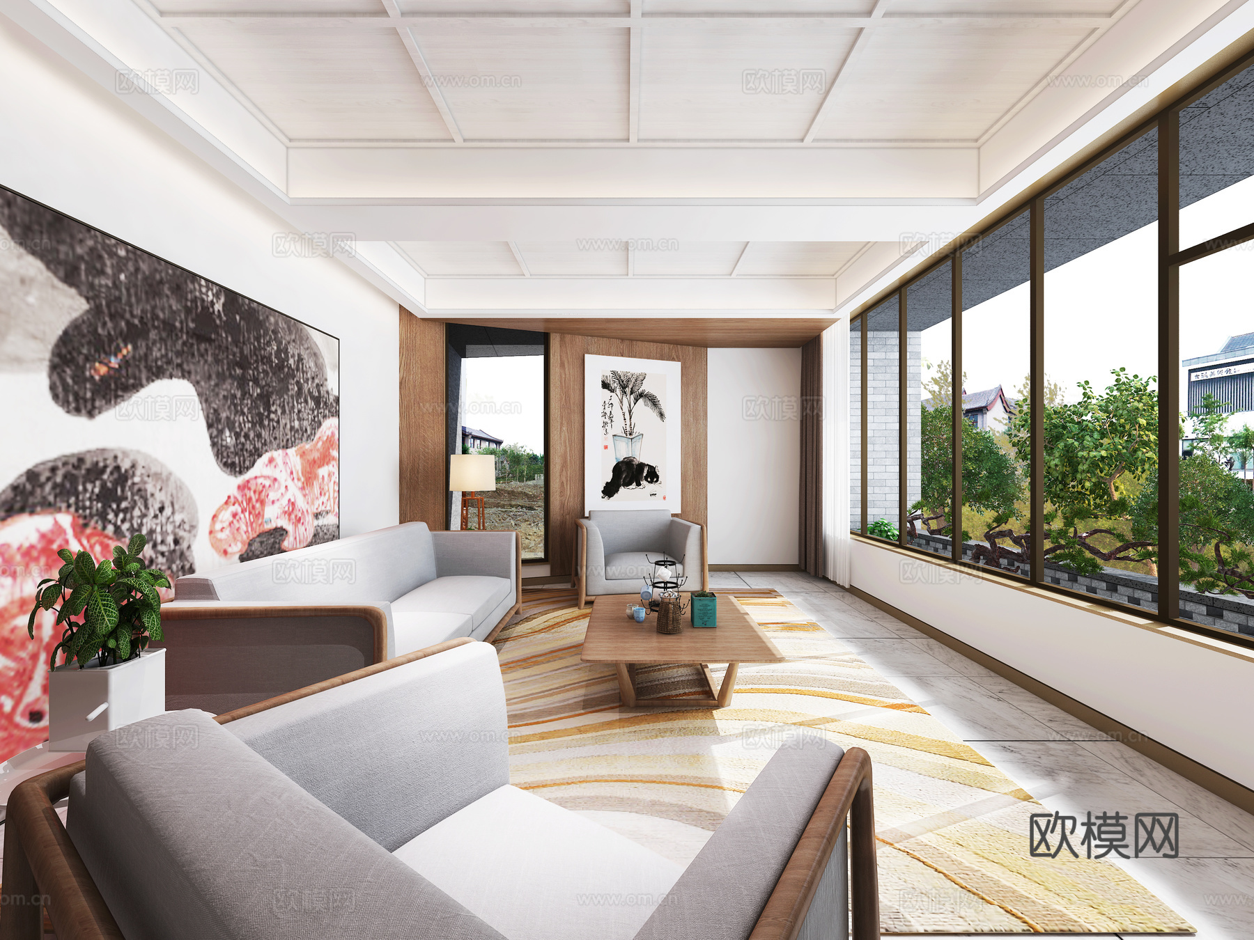 新中式美术馆大厅休息区3d模型