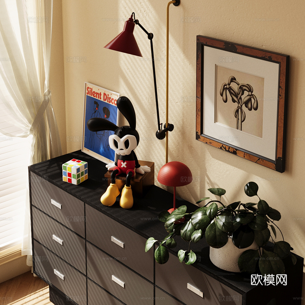 中古斗柜 五斗柜 边柜 摆件组合 花艺摆件3d模型