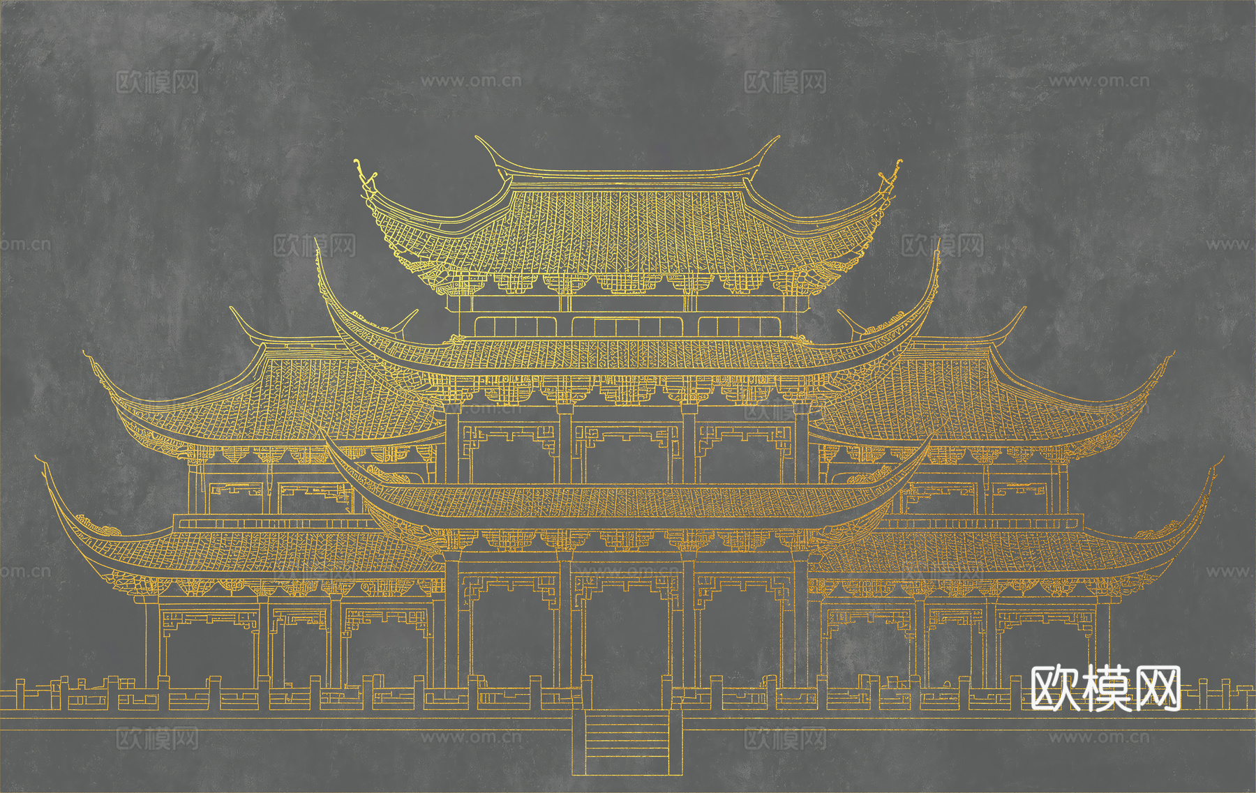 新中式亭台楼阁中式建筑线条肌理工装背景墙
