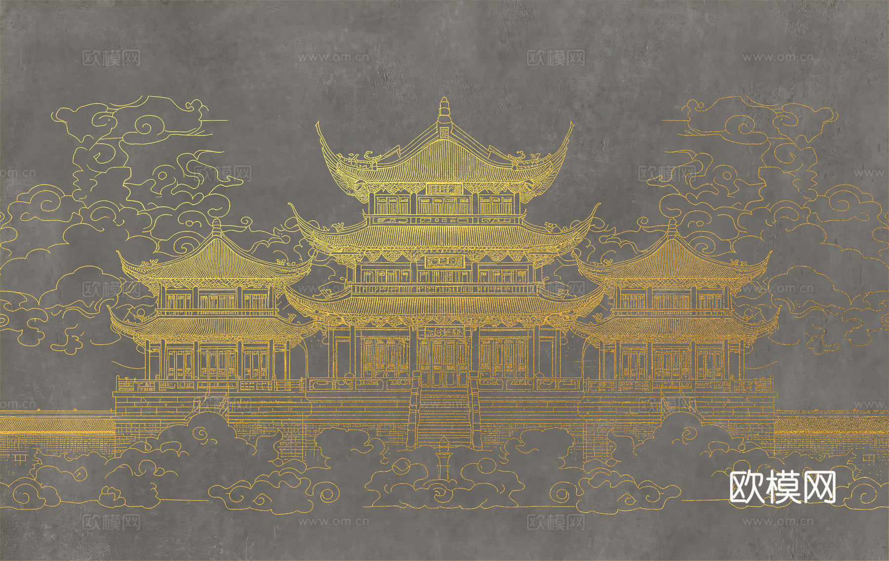 新中式亭台楼阁中式建筑线条肌理工装背景墙